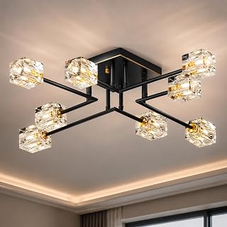 8-Light Crystal Semi Flush Mount Ceiling Light,Black Gold Sputnik Fixture