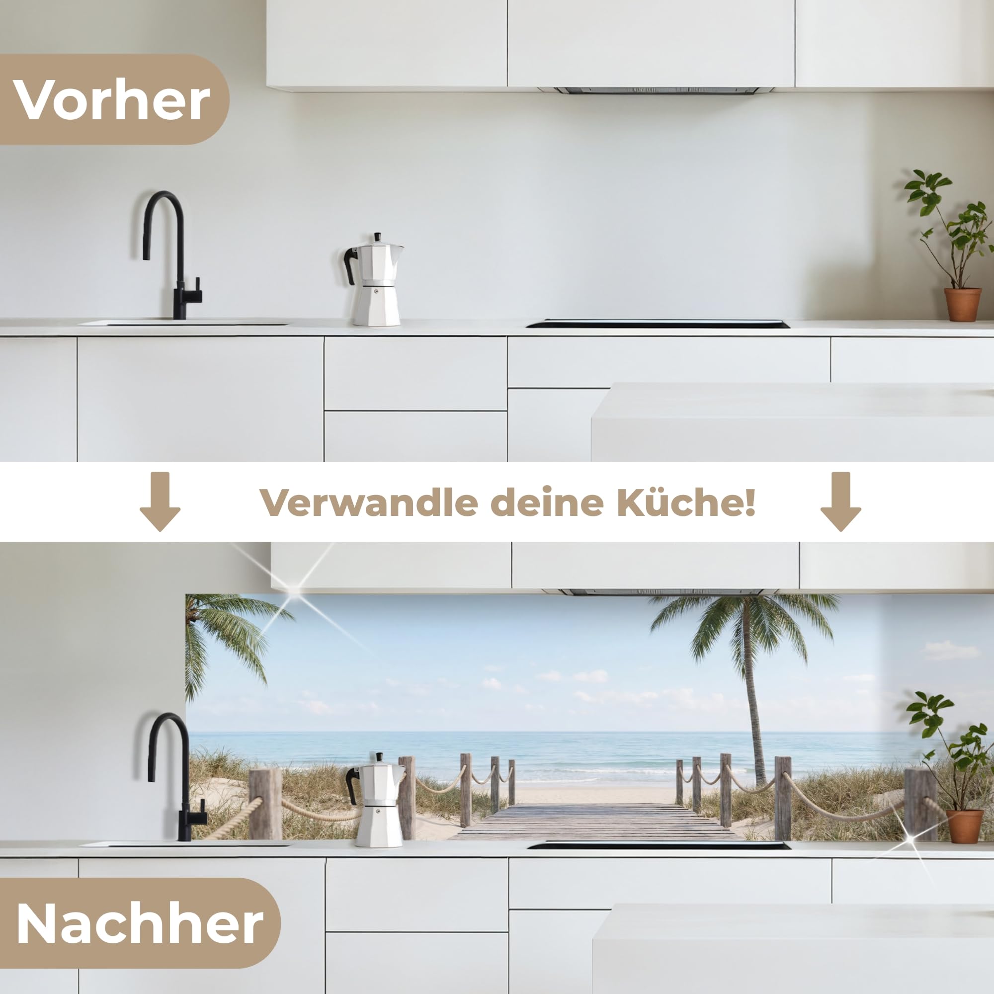KitchenYeah© Spritzschutz Küche 60x200 cm Küchen Rückwand Küchendeko Wand Wandschutz Selbstklebend Backsplash Kitchen Peel and Stick Palmen - Weg - Horizont