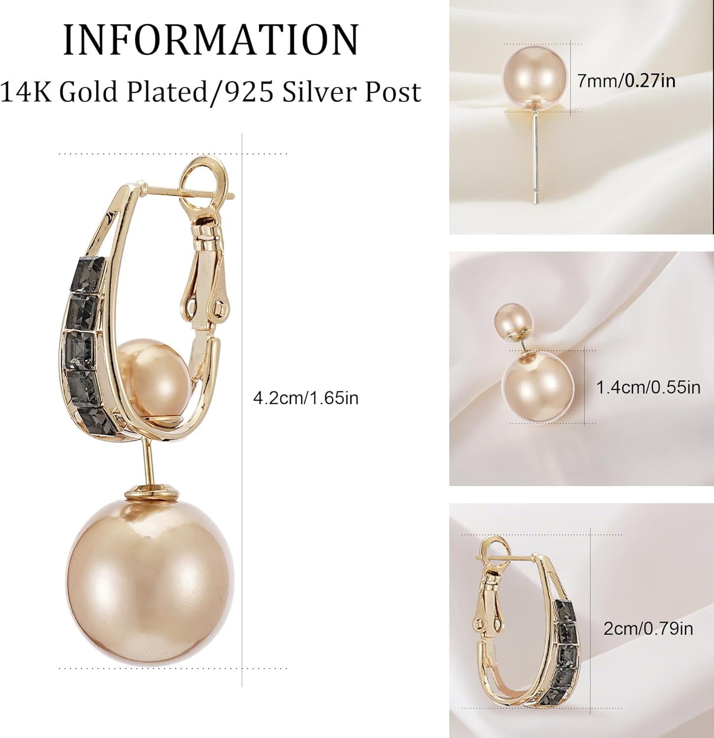 Sylph Pearl Huggie Hoop Earrings for Women 14K Gold Plated Pearl Earrings Jacket Champagne Gold Drop Dangle Earring Bridal Wedding Party Jewelry Gifts for Women
