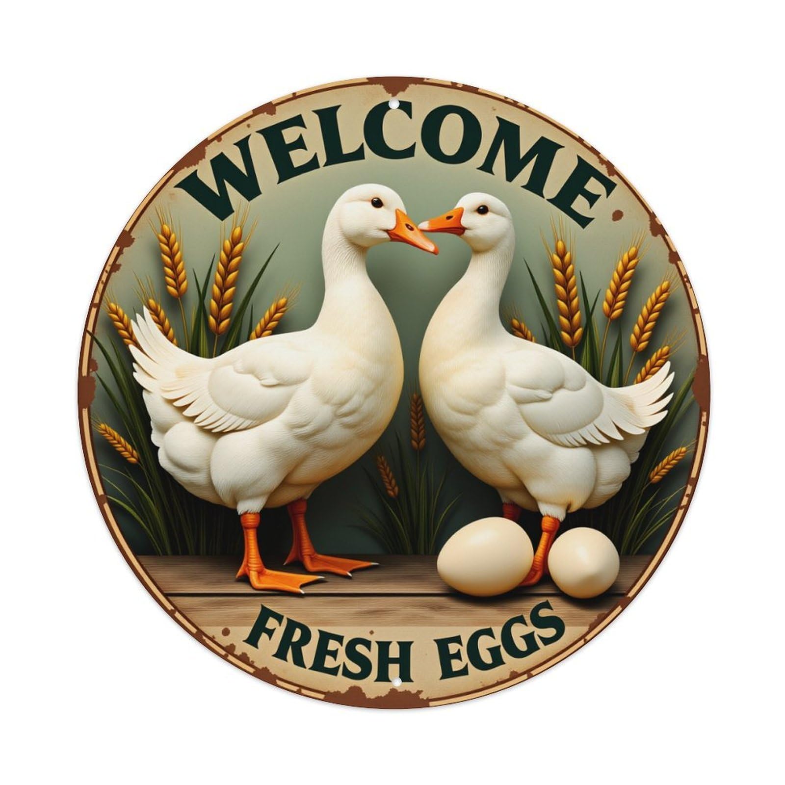 Ducks Eggs Wheat Welcome Fresh Round Tin Sign Vintage Style Metal Sign Home Bar Garden Wall Plaque Decor Metal Poster 8x8 Inch