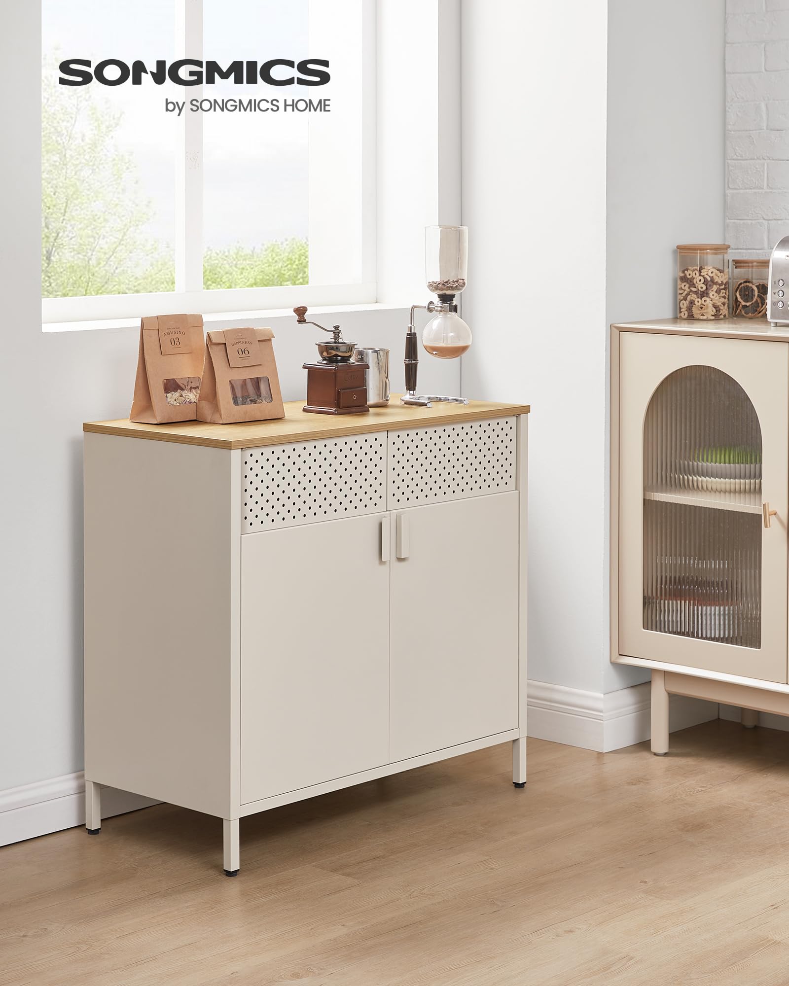 Dressoir In Industriële Stijl Met Glazen Deuren, Rustiek Bruin En Zwart Verstelbare Planken Stabiel Stalen Frame