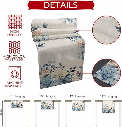 Miniatura 5 de Camino de mesa de Navidad azul de 108 pulgadas de largo, eucalipto de algodón y lino, camino de mesa de arpillera para tocador, comedor, fiesta,