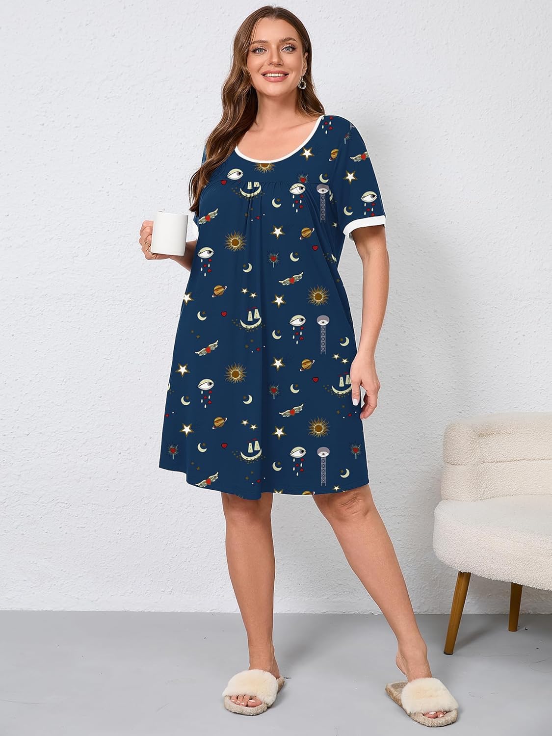 AusLook Plus Size Women's Nightgown Short Sleeve Sleep Dress Sleepwear Sleepshirts Pleated Scoopneck Nightshirt 1X-5X - Image 5