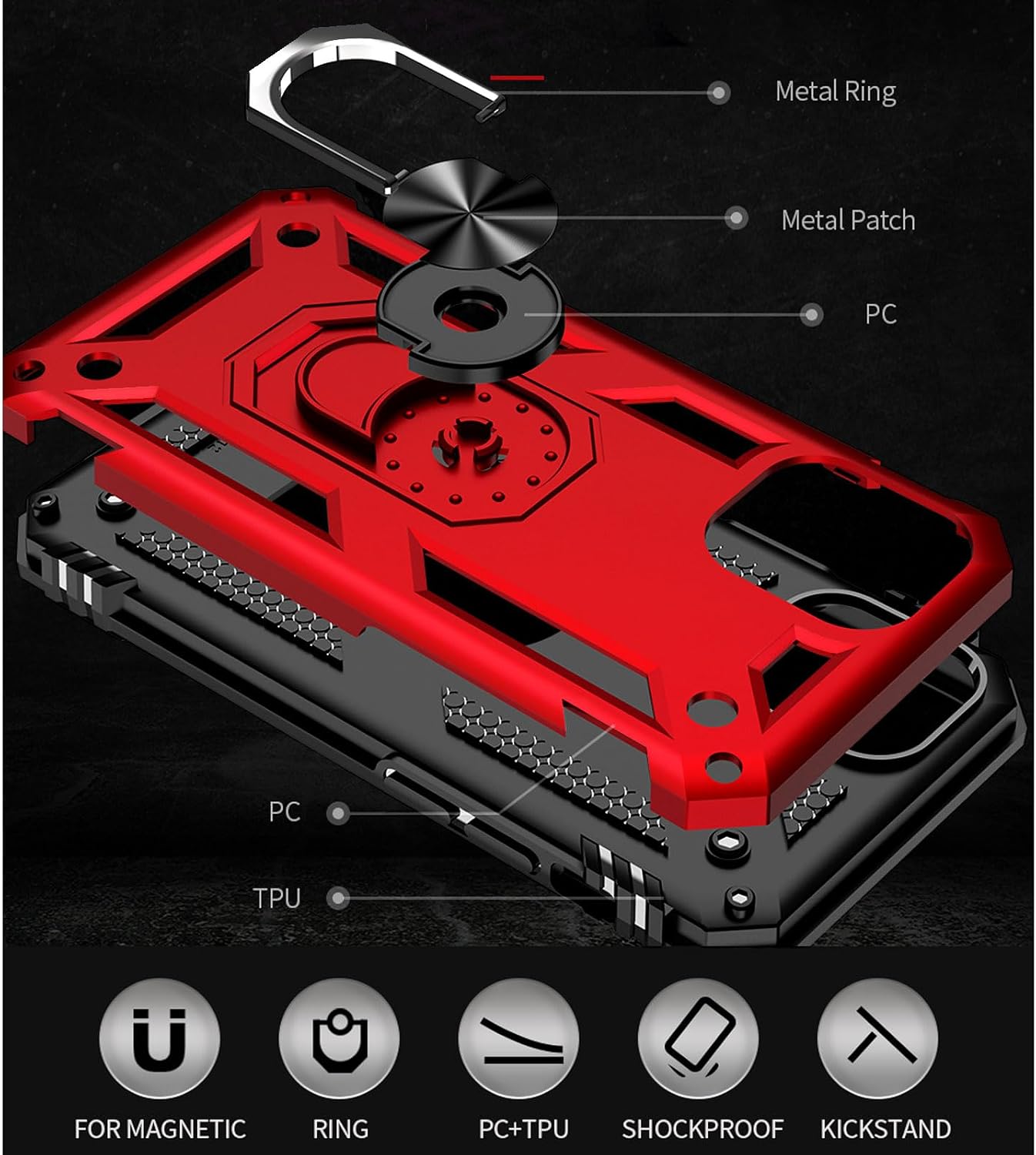 Yiakeng iPhone 12 Mini Case with HD Screen Protector - Military Grade Protective Case with Ring Stand (Red)