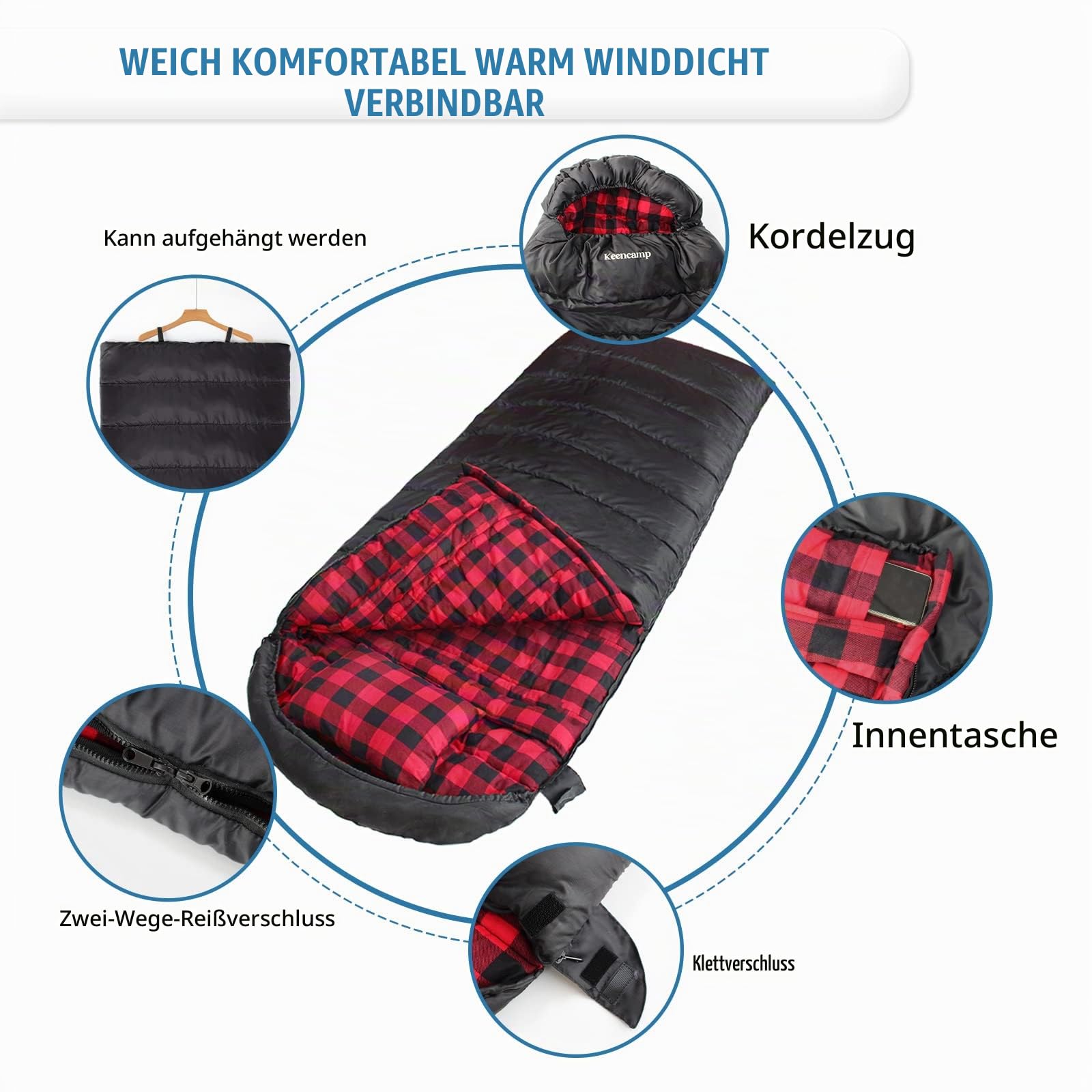 Keencamp Schlafsack Outdoor Flanell Warmer 3-4 Jahreszeiten Baumwolle Innenfutter bis -1°C XXL Deckenschlafsack Tragbar Leicht Winter Schlafsack Camping für Erwachsenen 230x90 cm