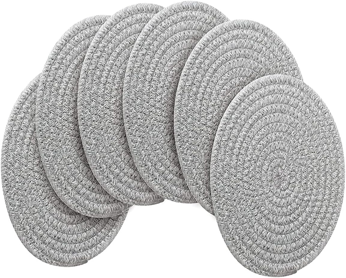 6 Pack Cotton Woven Placemats, 13.8 inches Round Plate Chargers Grey Thick Placemat Set Cotton Rope Braided Tablemats Rattan Tablemats Rustic Weave Placemats for Dining Table