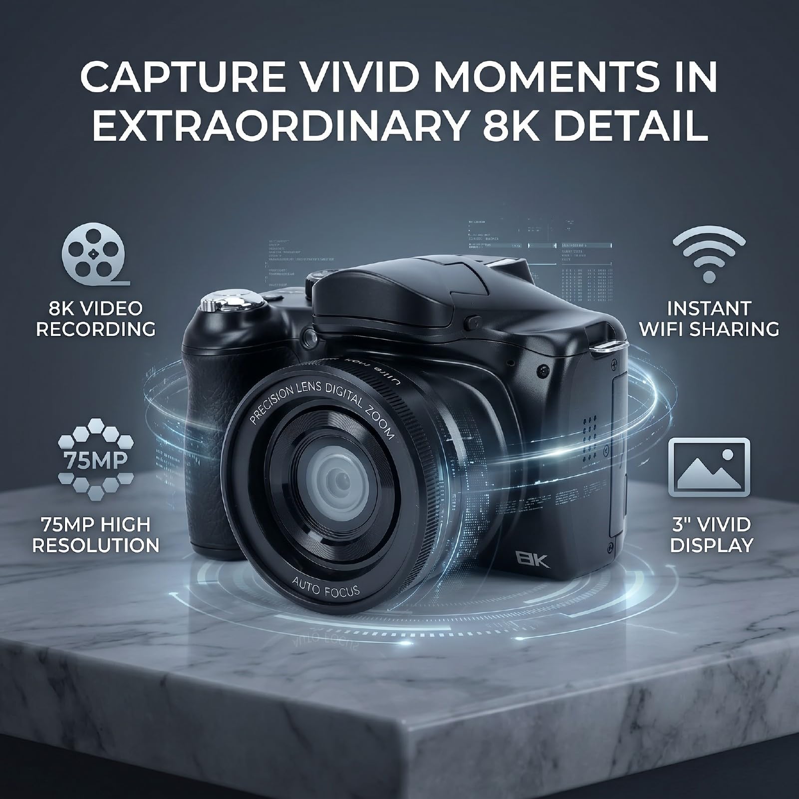 Tosuny Fotocamera Digitale 75MP Video 8K, Fotocamera per Vlogging con Doppio Obiettivo con Schermo Ribaltabile da 3 Pollici per Adolescenti, WiFi, Zoom 16X, Batteria da 2000 mAh