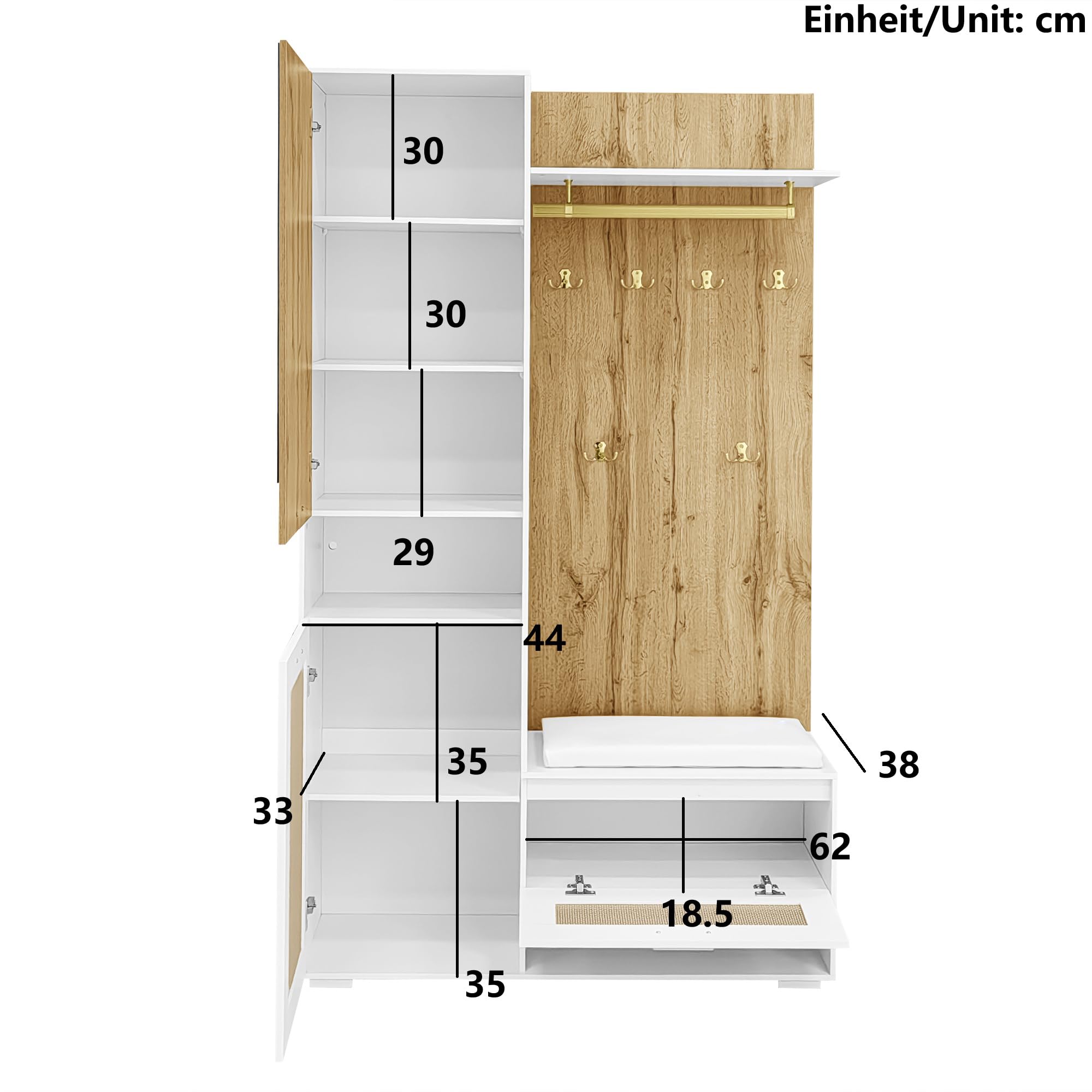 Set guardaroba con specchio 5 ganci per cappotti dorati attaccapanni da parete armadietto scarpe panca compartimento superiore di stoccaggio illuminazione LED credenza bianca + legno 110x38x190 cm