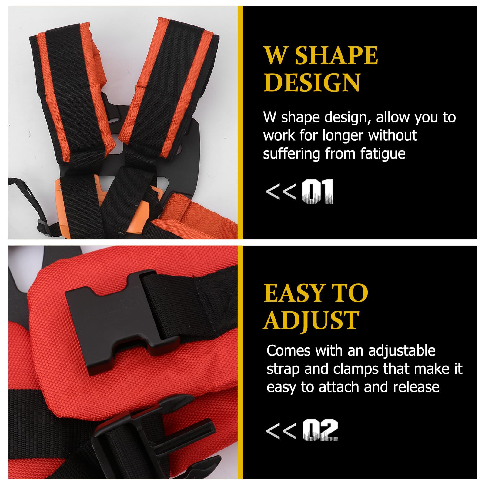 Veemoon Correa de Corte Acolchada Arnés Doble Hombro en Forma de W, Ajustable y Desbrozadora, Cinturón Ergonómico Naranja para Trabajo en Jardín