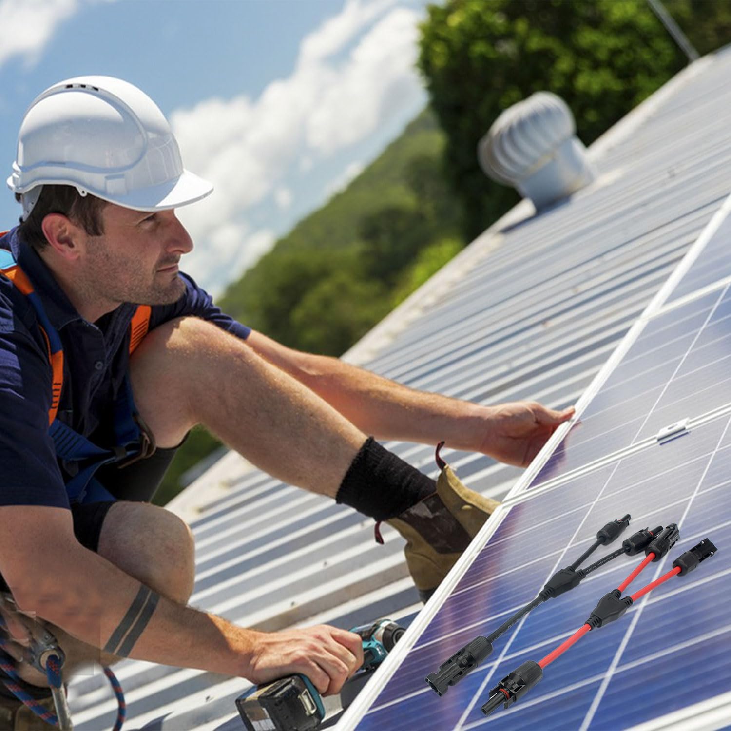 Kabel solarny rozdzielacz Y, 2 pary kabli do paneli słonecznych, wtyczka Y | Solarny kabel fotowoltaiczny, do solarnych złączy fotowoltaicznych, 2 czerwone + 2 czarne