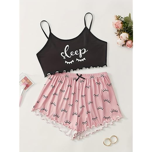 Conjunto de pijama feminino gráfico de 2 peças, conjunto de pijama curto fofo de verão e shorts canelados