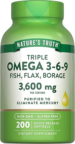Nature's Truth Triple Omega 3 6 9 | 3600 mg | 200 cápsulas blandas | Aceites de pescado, lino y borraja | Suplemento sin OMG y sin gluten