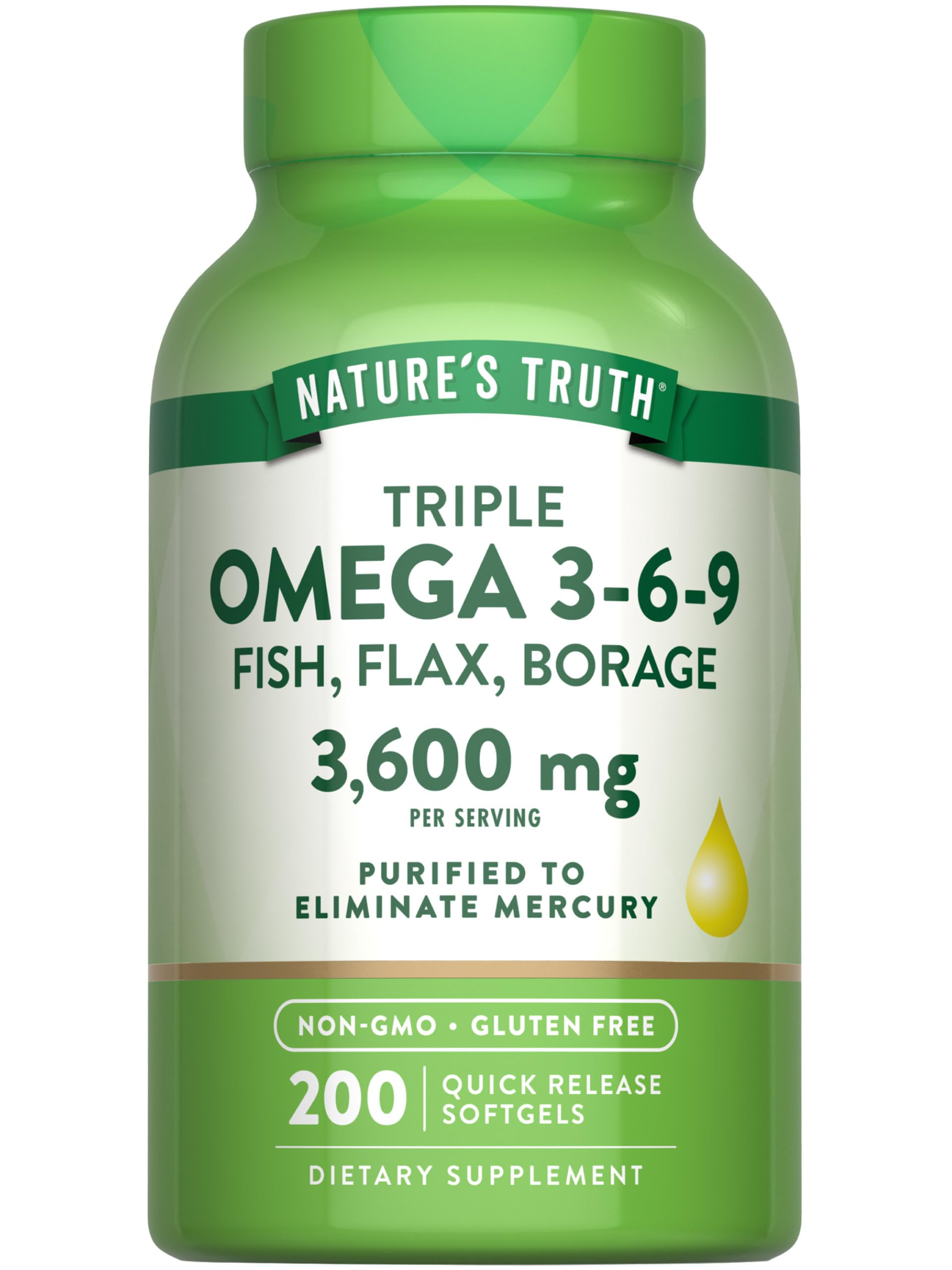 Nature's Truth Triple Omega 3 6 9 | 3600mg | 200 Softgels