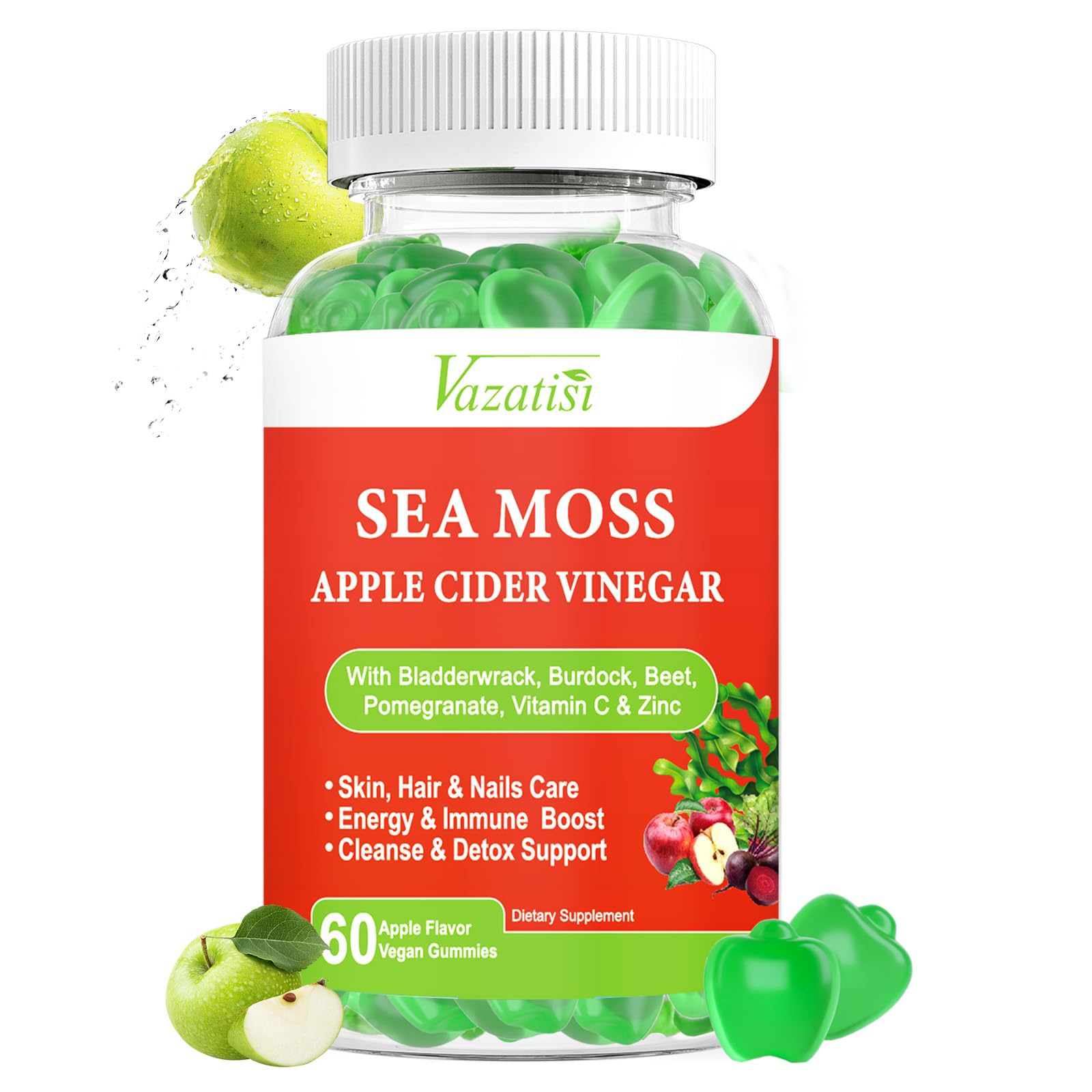 Vazatisi Sugar Free Apple Cider Vinegar Gummies, ACV with Sea Moss Gummies for Digestion, Gut & Immune Health, Apple Flavored -60 Count