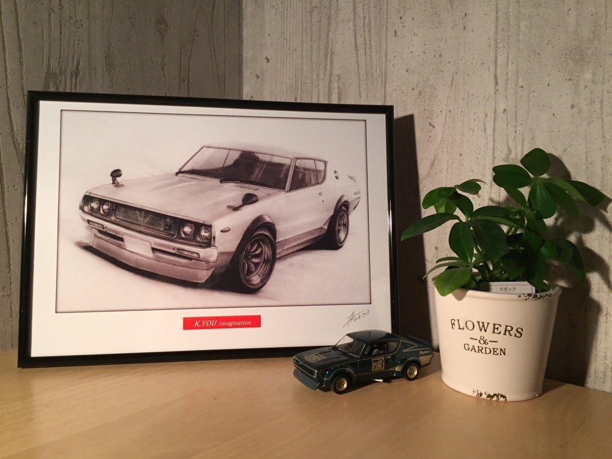Amazon 名車 旧車 イラスト 日産 ケンメリ 2ドア Gt R 額縁 作者直筆サイン入り ノスタルジックカー 鉛筆画 原画コピー ギフト 車 バイク