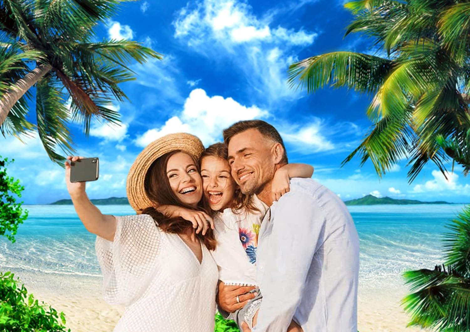 Toile de Fond Photo d'été Plage 3x2m, Tropical Hawaï Côte Île Océan Palmiers Photographie Fond Mariage Bébé Anniversaire Douche Nuptiale Voyage Fête Décoration Bannière Studio Accessoires
