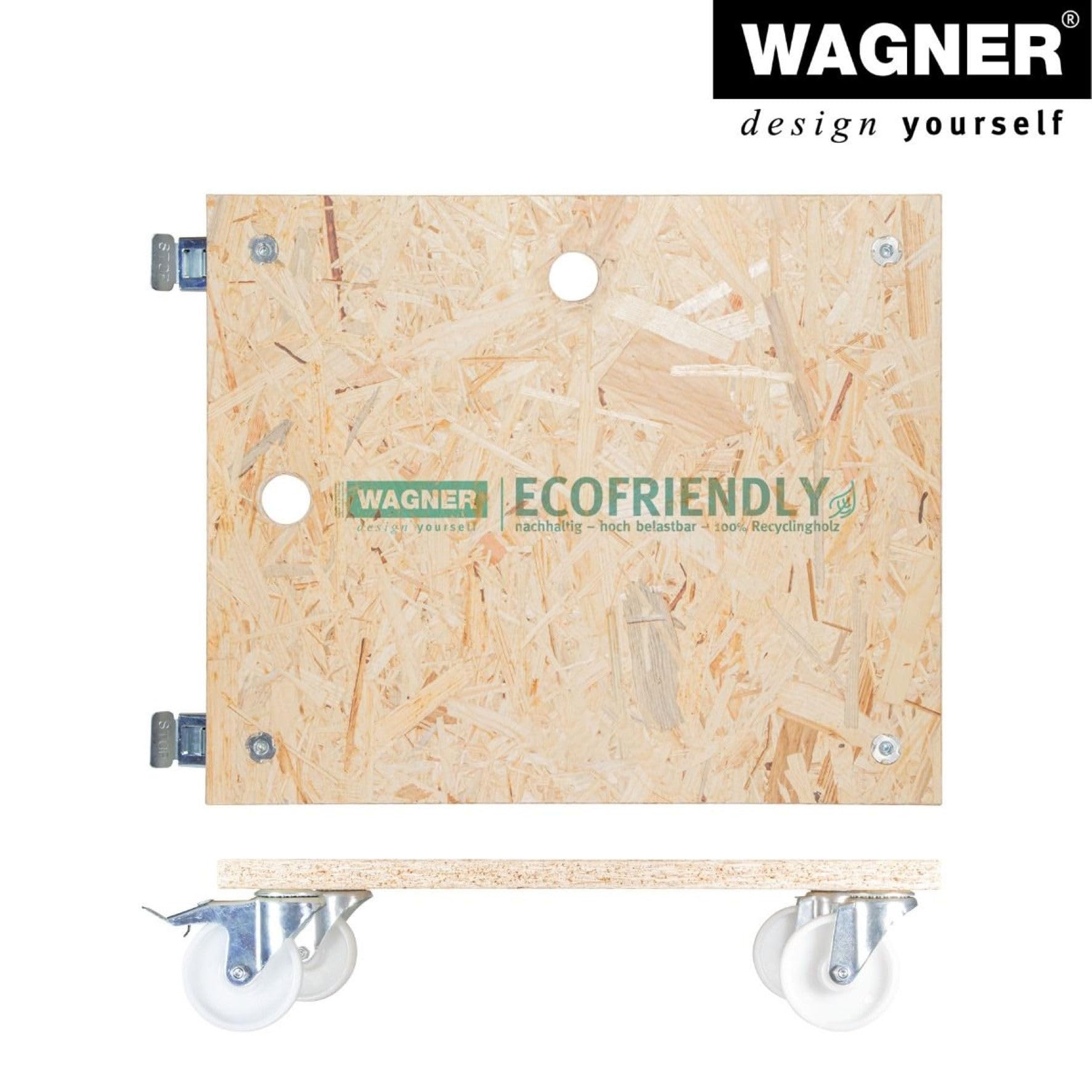 WAGNER Transportroller Transporthilfe 1617 I Möbelroller aus OSB 25 mm I 59 x 49 x 12 cm, Tragkraft 400 kg I Schwerlastrollbrett Umzug, Gewerbe I Rollbrett mit Bremsen&Aufhängeloch I FSC® I Made in DE