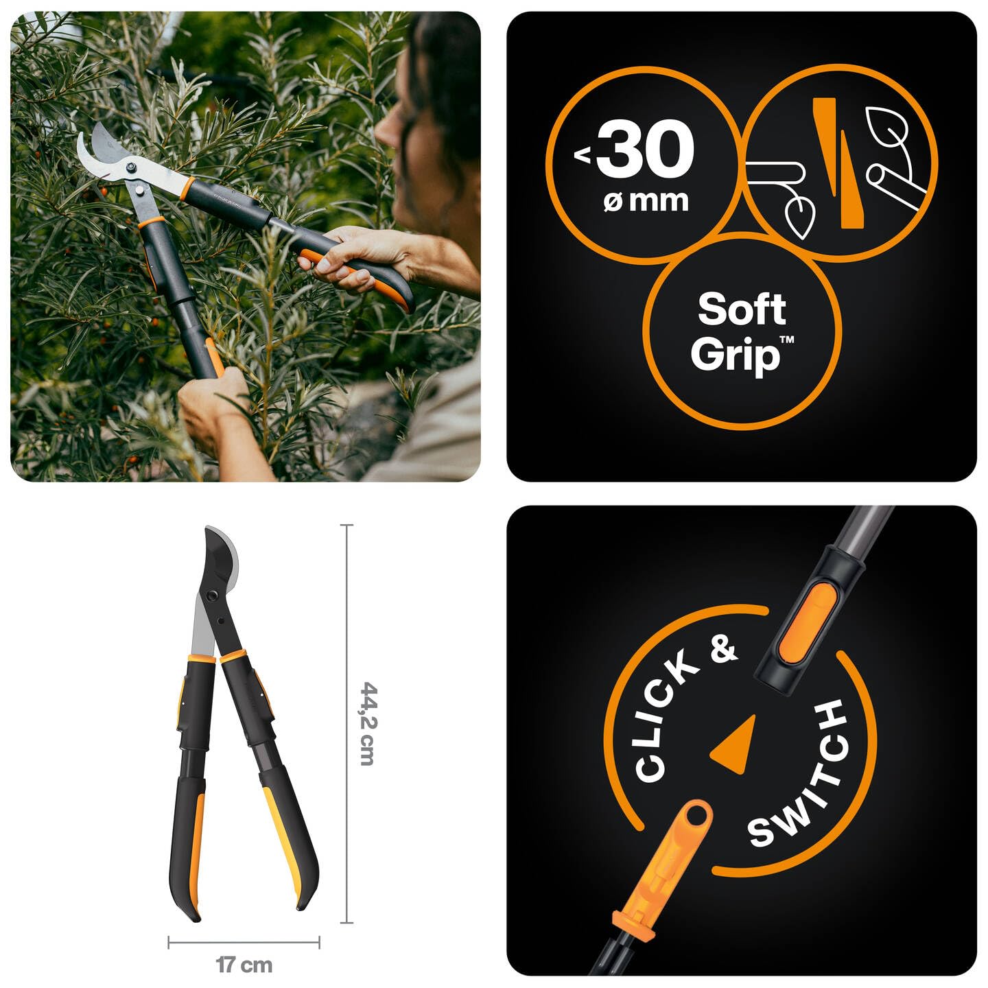Fiskars OneClick Troncarami Bypass, Accessorio per Tagli Netti | Lame in Acciaio Temprato, Nero/Arancione, 1082707