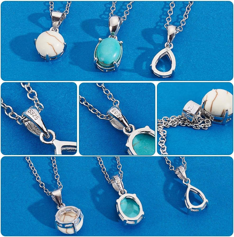 PH PandaHall 3pcs 925 Sterling Silver Pendant Blank, 3 Styles Pendant Tray Setting Round Oval Teardrop Pendant Base Gemstone Support for Jewelry Necklace Pendant Making, Fit for 8-10mm Gems