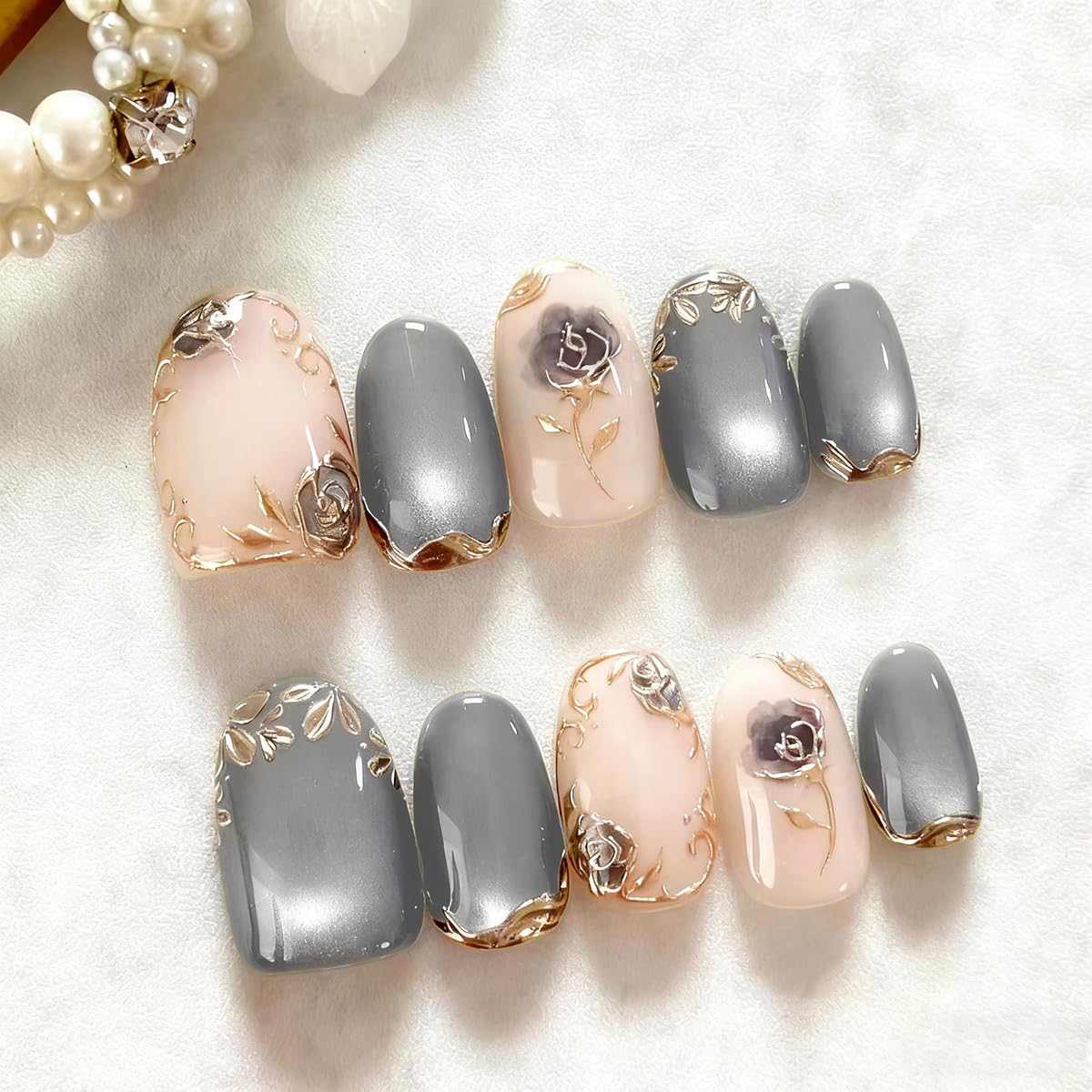 Almond Press on Nails Short WLGDLH Gray Fake Nails Nude False Nails Gold Rose Florals Design Valentine Day Press on Nail Full Cover Acrylic Glossy Glue on Nails for Women Girls 30 Pcs