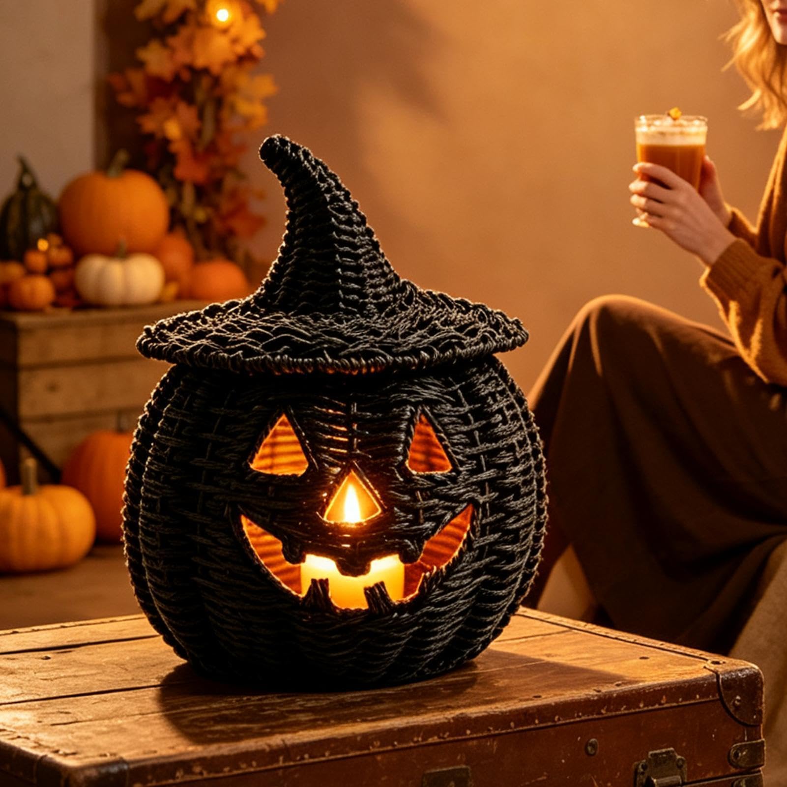 Czarny pleciony kosz dyniowy Halloweenowy pojemnik ze świeczką LED | Czarne pojemniki na słodycze Do Salonu W Farmhouse, Na Kominek, Stół, Werandę I Imprezy Świąteczne