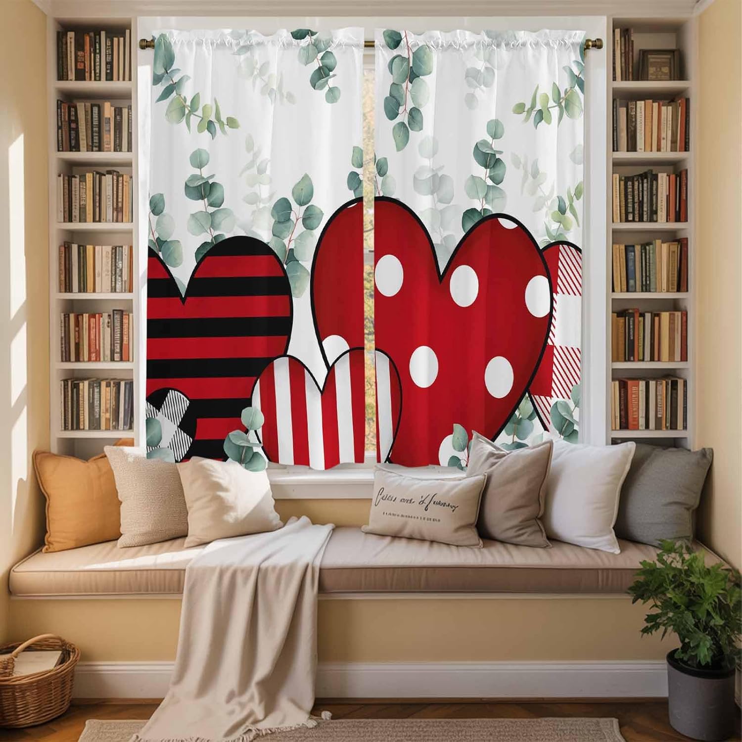 Valentine's Day Kitchen Curtains, Love Heart Eucalyptus Leaves Summer Botanical Light Filtering Window Curtain, 2Pcs Rod Pocket Window Treatments Set for Living Room Bathroom Bedroom 42x63 Inches