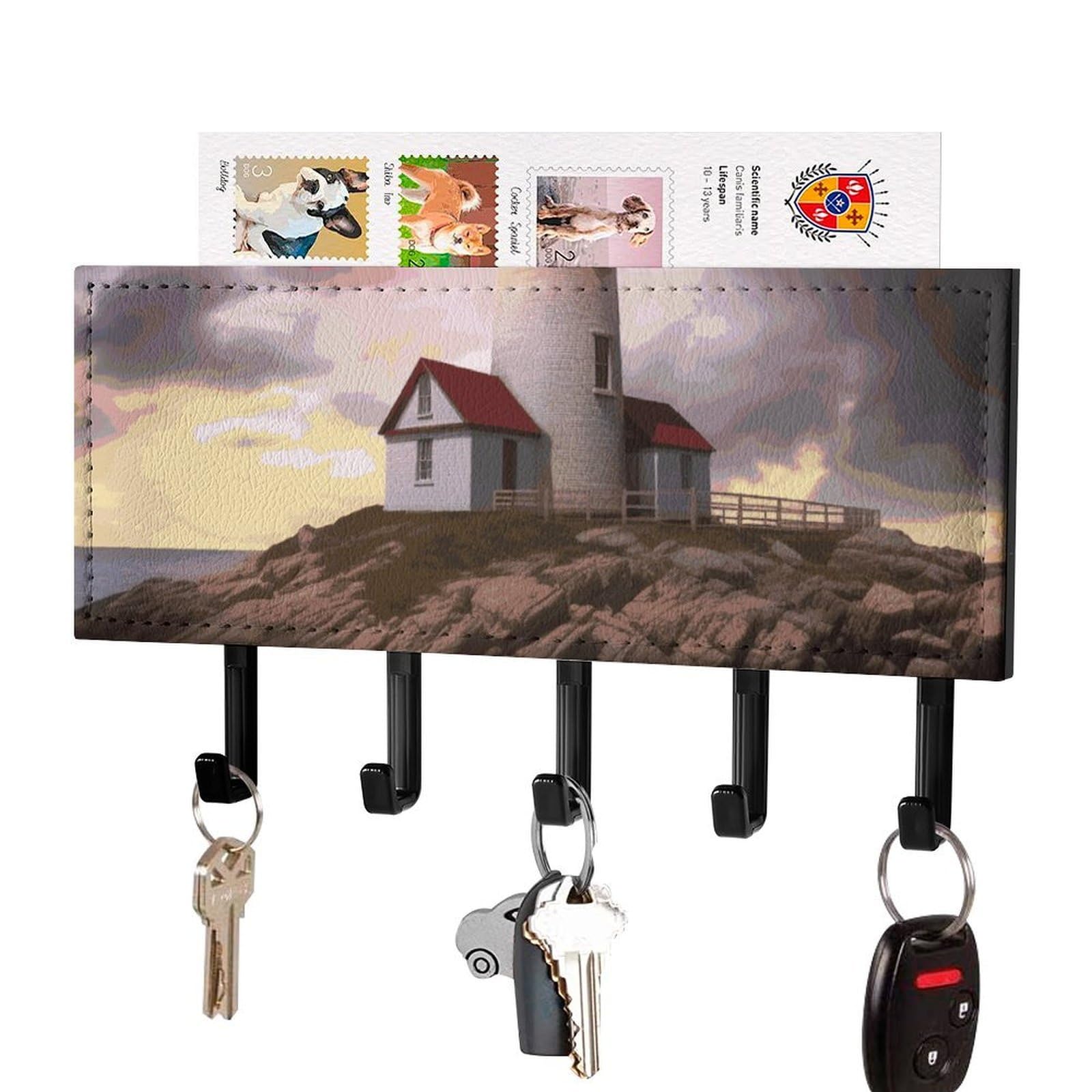 Fekiloot Black Lighthouse Key Holder For Wall Adhesive, No Drilling, Key Hooks With 5 Hooks Wall Mounted, Self Adhesive Keys Rack For Entryway, Hallway, Living Room, Kitchen, Office