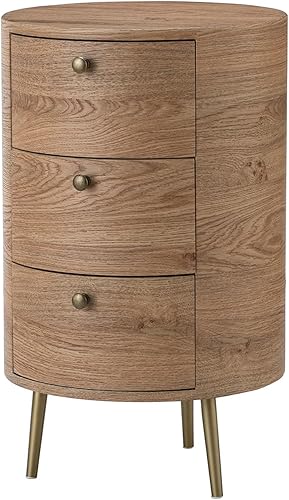 Miniatura 8 de HULALA HOME Mesa auxiliar redonda con 3 cajones de almacenamiento, mesa auxiliar moderna de mediados de siglo con patas de metal, mesa auxiliar