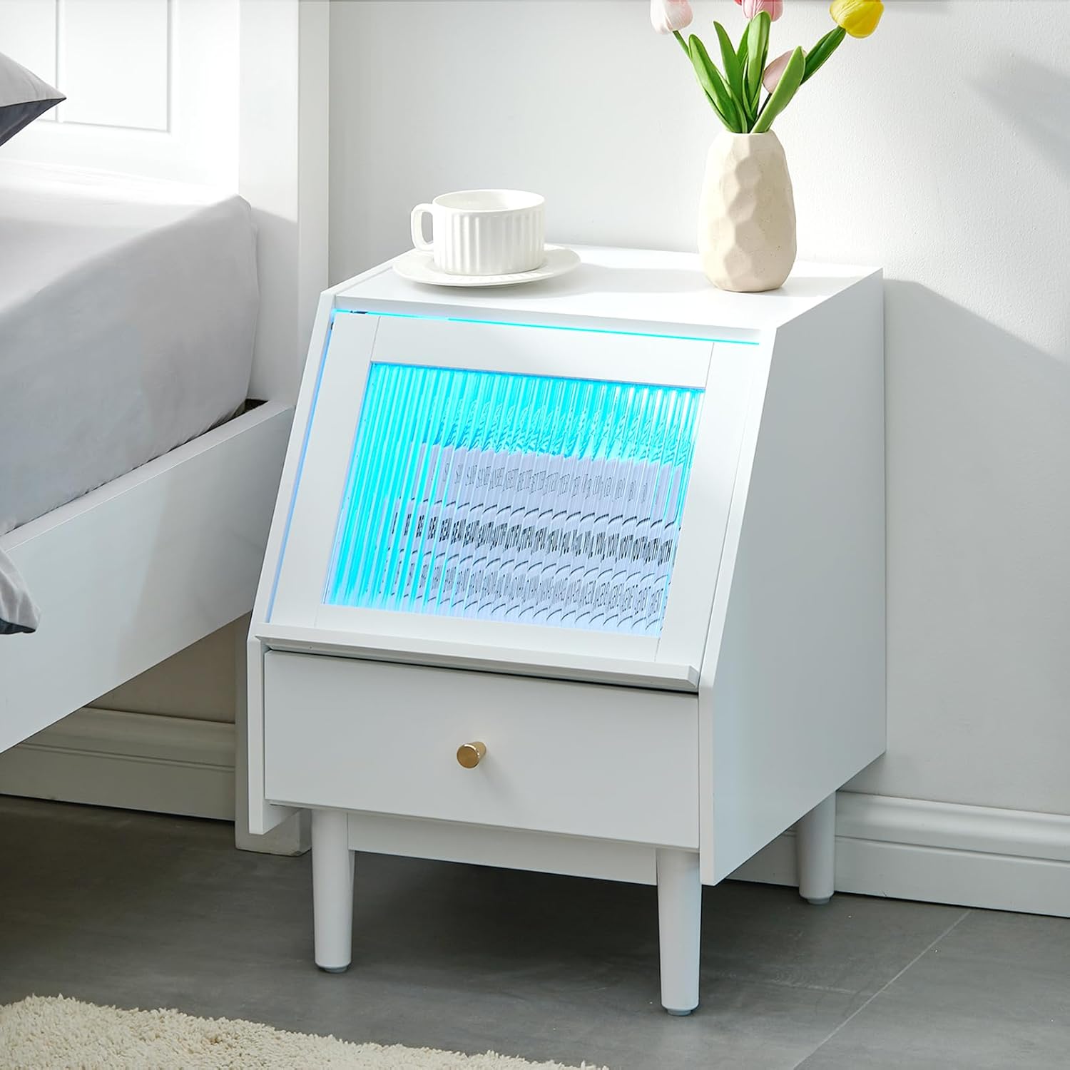 TUKAILAi Modern Nightstands with LED Lights, Bedside Table with Fluted Glass Door & Drawer Storage, Painted Wooden Side End Table for Bedroom (White)