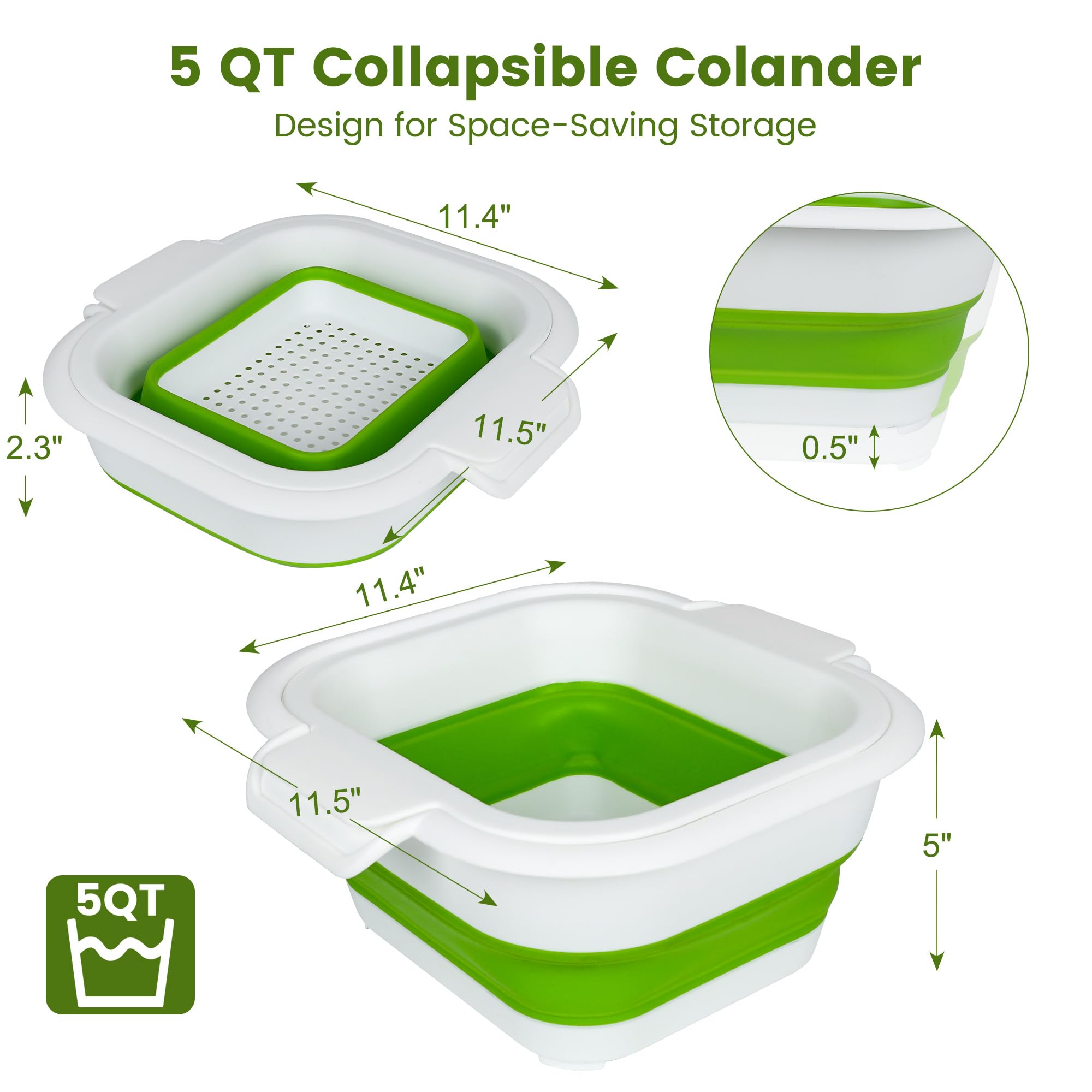 Juego de colador plegable con cuenco colador, cesta de lavado de frutas 2 en 1 con colador, colador de plástico de 5 + 3 cuartos de galón para cocina, cuenco plegable de doble capa para bayas,