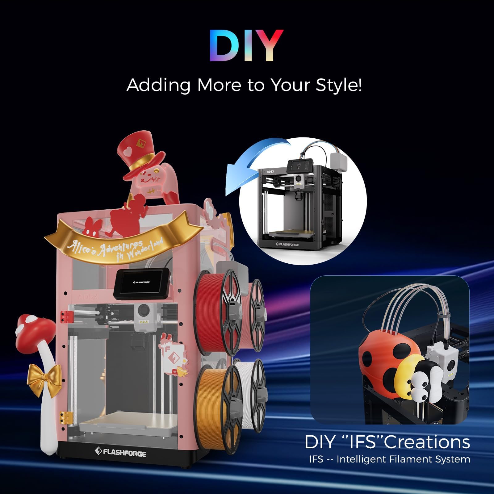 Flashforge AD5X Multicolor-3D-Drucker für Hochgeschwindigkeitsdruck in Vier Farben, maximale Geschwindigkeit 600 mm/s, automatische Nivellierung per Knopfdruck, Multi-Material-3D-Drucker mit IFS
