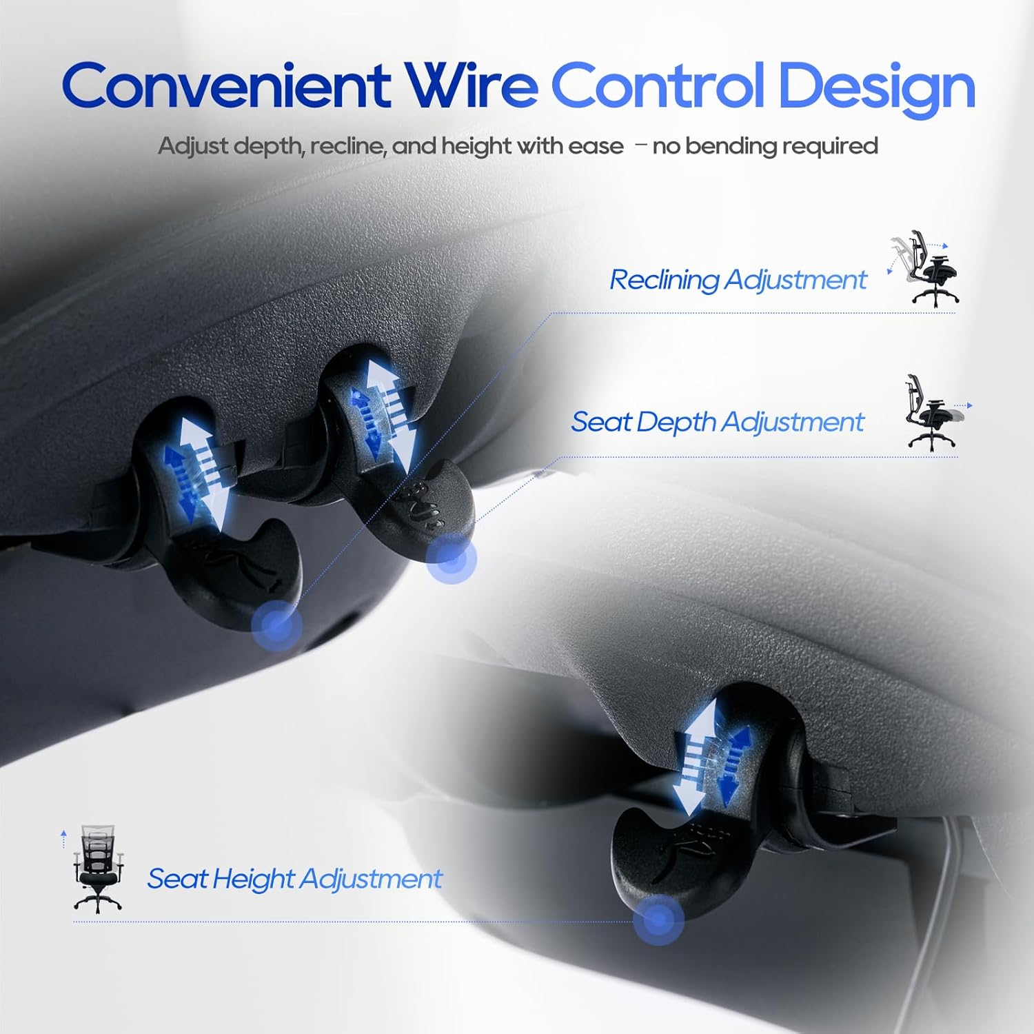 Close-up view of the wire control levers under the seat for reclining, seat depth, and seat height adjustments.