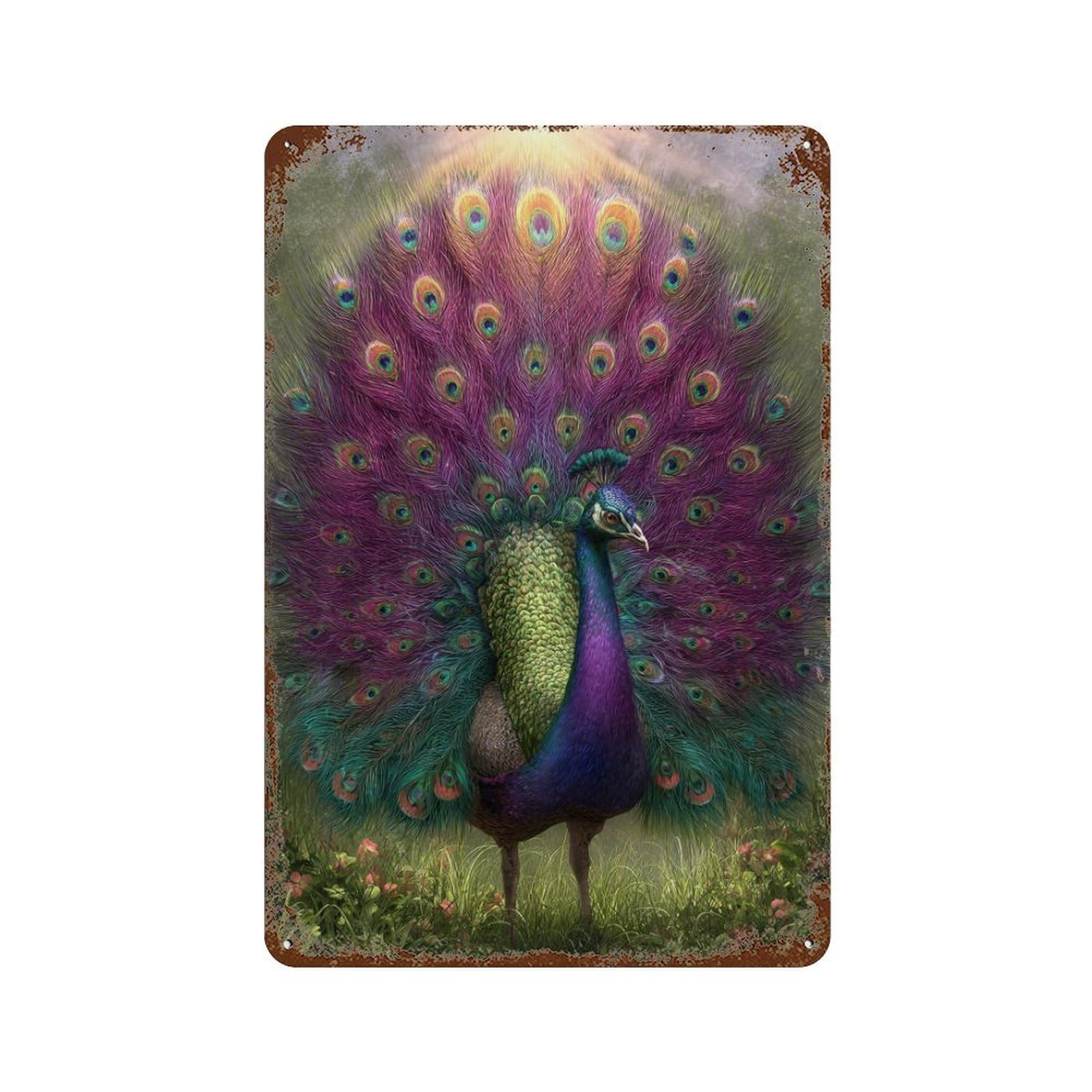 Colorful Peacock Painting Rust Effect Tin Sign 11.8"x7.9", Vintage Wall Decor for Garage, Pub Or Kitchen