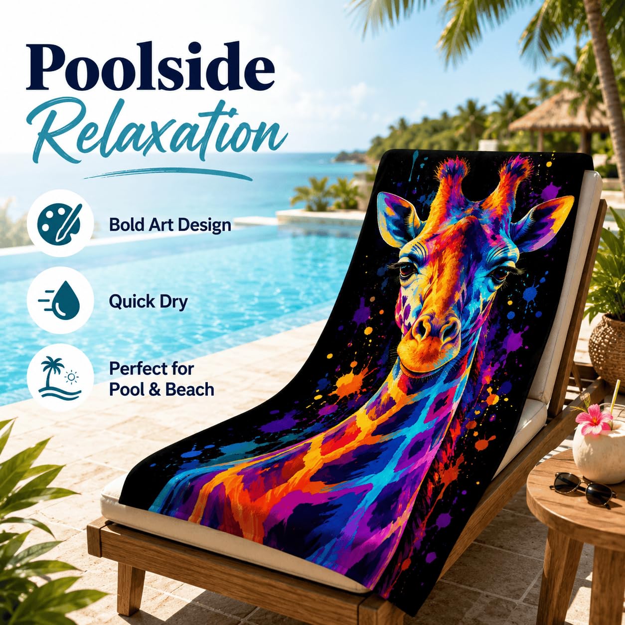 Telo Mare Microfibra Giraffa Colorata Asciugatura Rapida | Asciugamano da Spiaggia Giraffa Astratta, 145x200 cm, Assorbente, Accessori Mare, per Palestra Viaggio