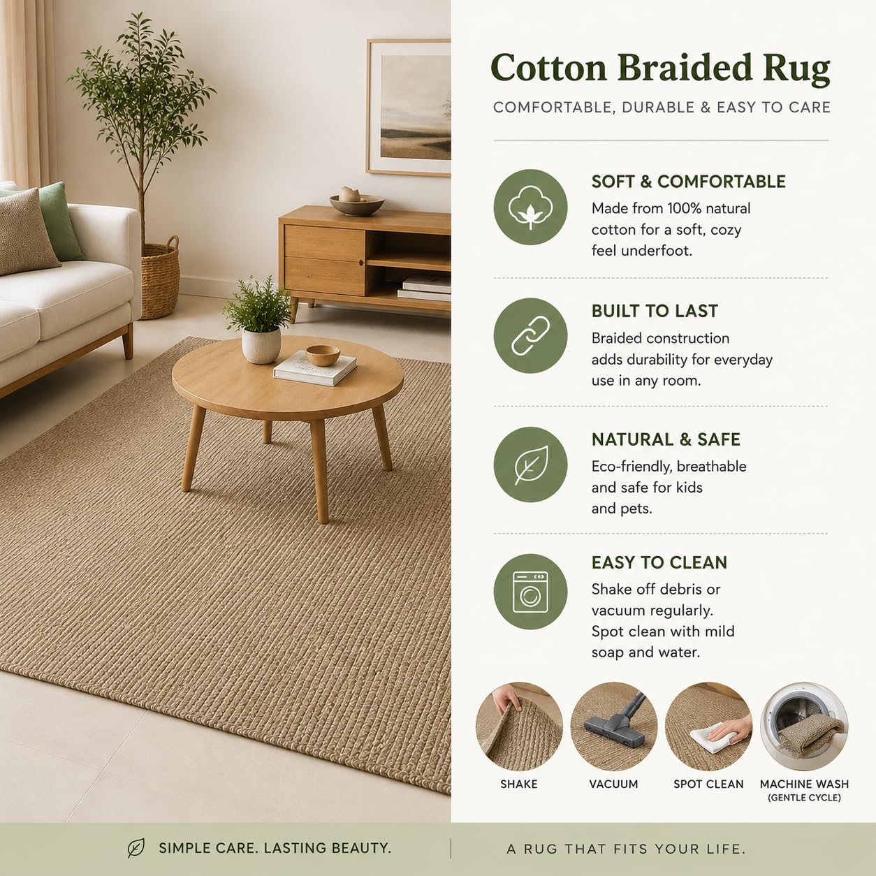 Beige Cotton Braided Rug - 5x7 Feet -7 Beige Cotton Braided Rug - 5x7 Feet -7