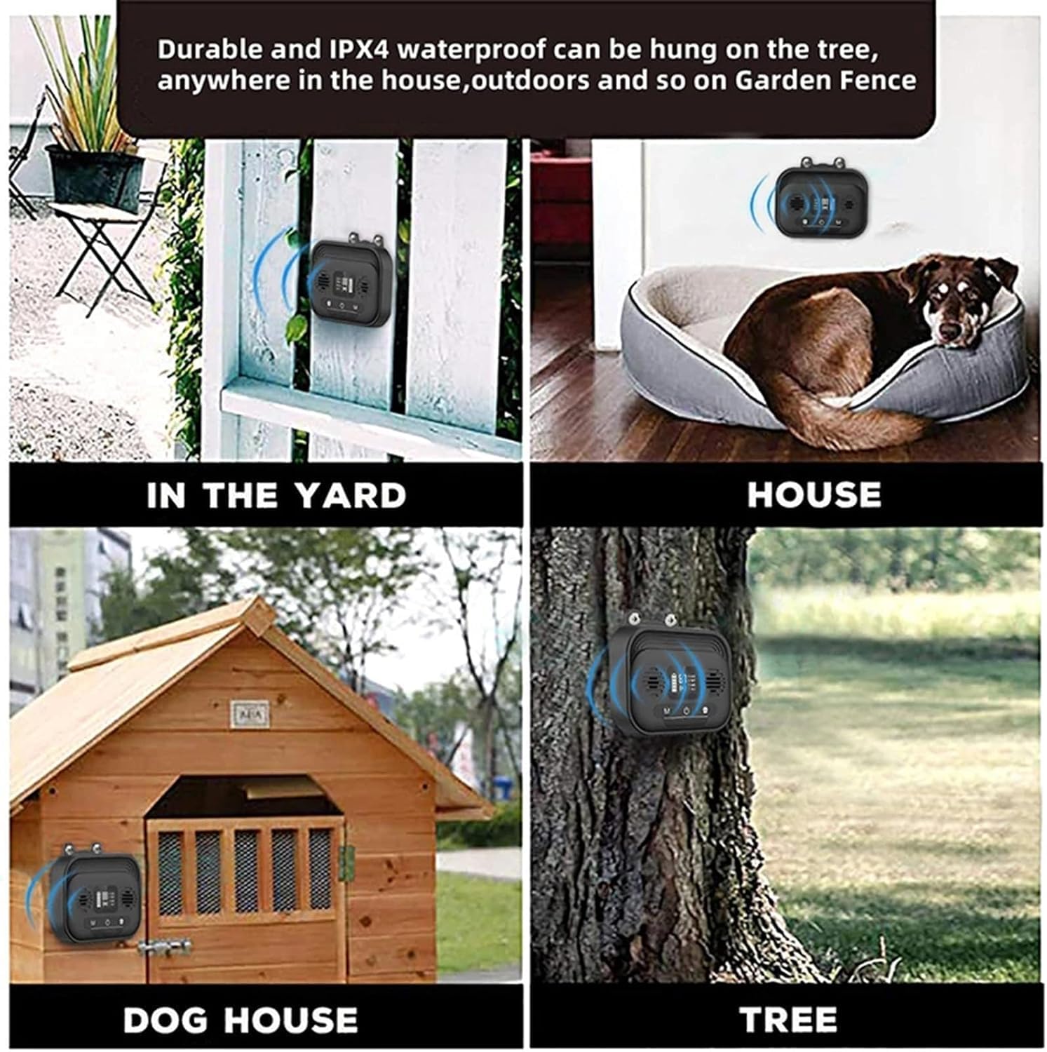 Dispositivo ultrasónico antiladridos, Dispositivo de Control automático de ladridos para Exteriores con 4 Niveles de Volumen ultrasónico Ajustables, GE para Exteriores de hasta 50 pies