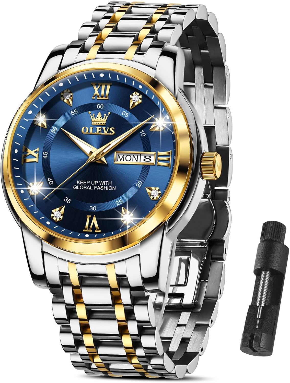 OLEVS Classic Men Watches with Date,Stainless Steel Man Watch with Date, Bussiness Watches for Men,Luminous Quartz Mens Watches Black/White/Blue/Gold, Waterproof Male Watch with Week