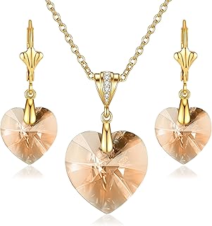 EVEVIC Austrian Crystals Heart Pendant Necklace Earrings for Women 14K Gold Plated Hypoallergenic Leverback Drop Dangle Earring Jewelry Set
