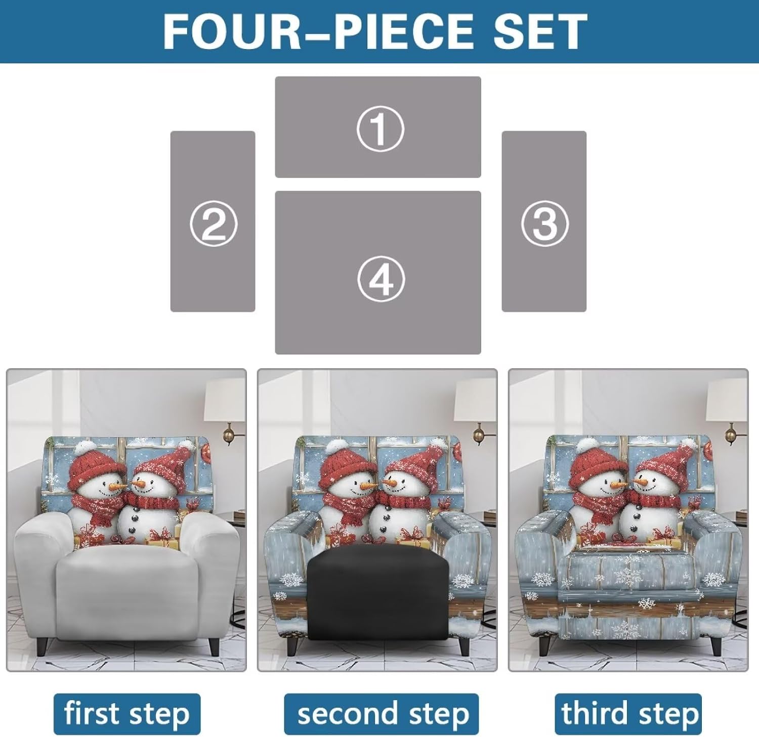 Doojoayie Winter Snowman Recliner Cover Blue Christmas Chair Covers for Living Room Decor Xmas Recliner Slipcover Sofa Adjustable Anti-Dust Couch Protector