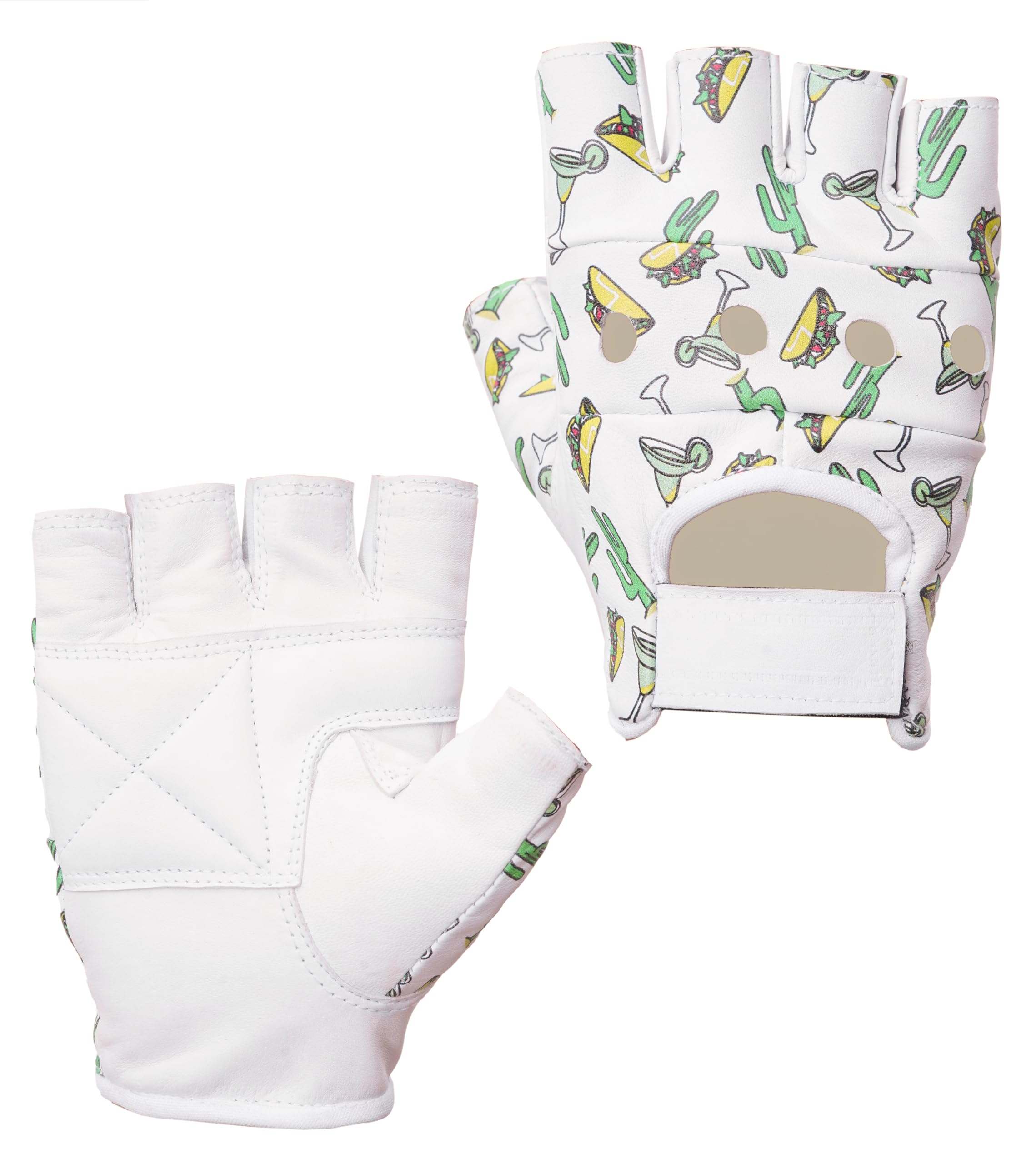 Mens Leather Glove Racing Fingerless Printed White Gloves