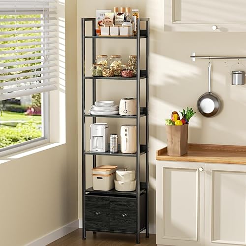 Miniatura 6 de Furologee Estantería de 6 niveles, estantería alta con 2 cajones, organizador de almacenamiento de exhibición industrial, estante de almacenamiento