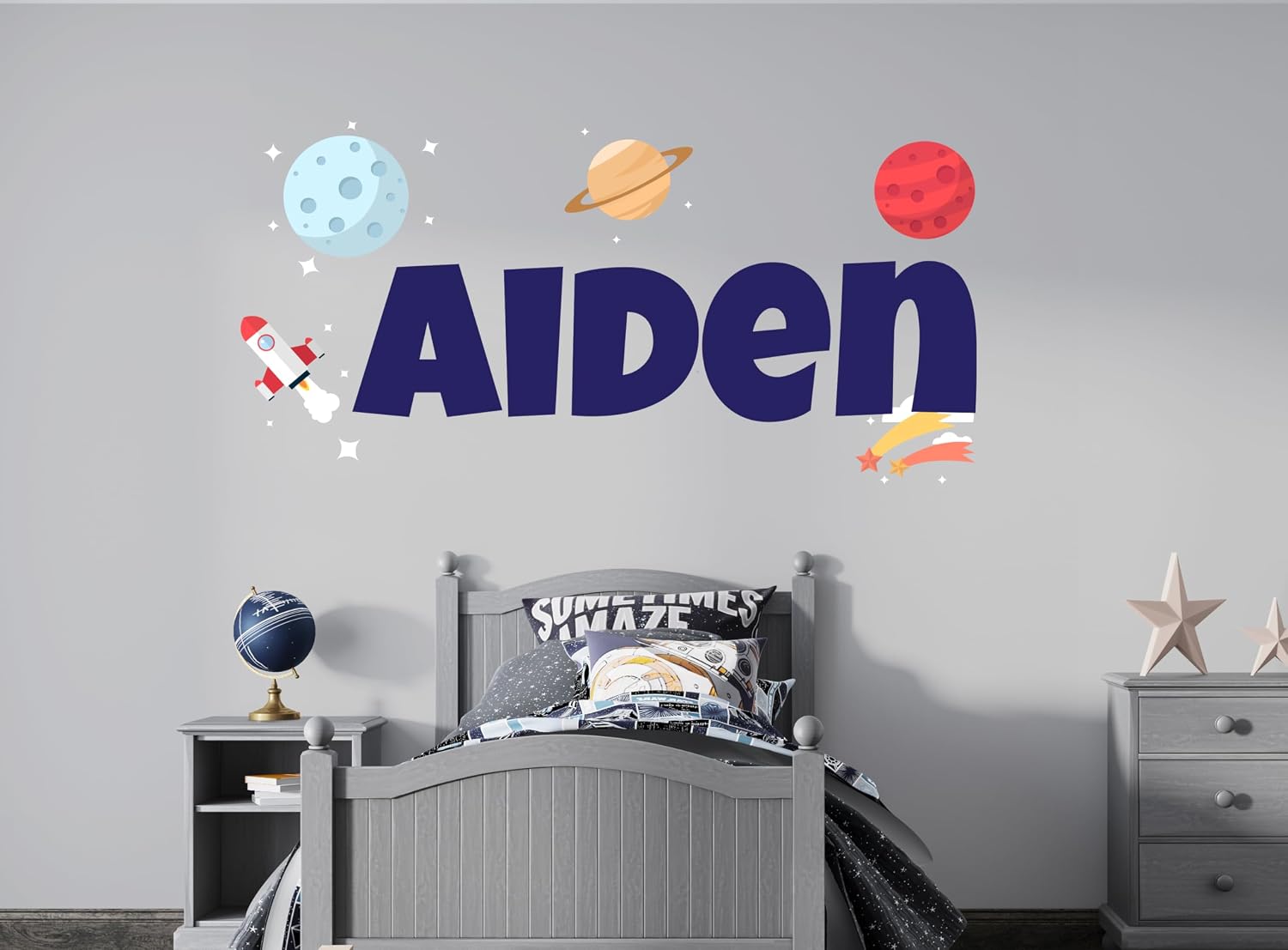 Custom Name Space Rockets Wall Decal - Personalized Name Wall Sticker - Space Theme - Wall Decal for Nursery Bedroom playroom Decoration (Wide 40"x20" Height)