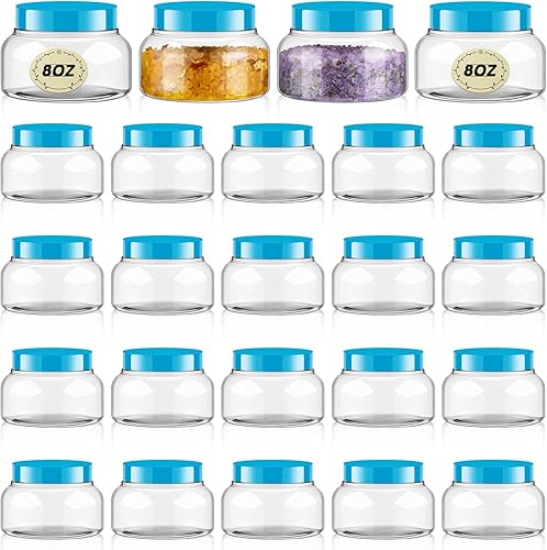 Tessco Paquete de 24 tarros de plástico con etiquetas, recipientes de plástico redondos y recargables, tarros de mantequilla para el cuerpo,