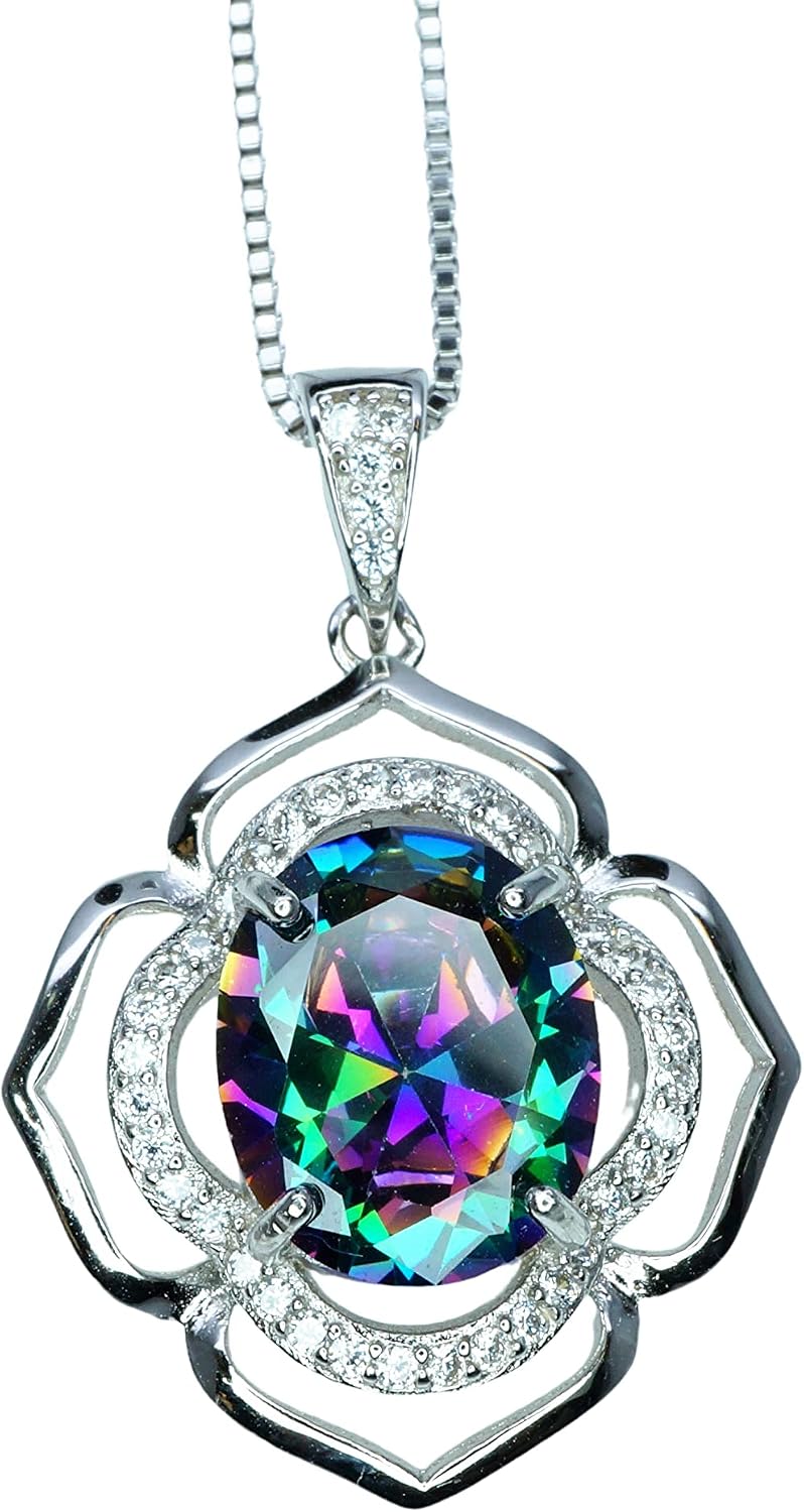 Large Mystic Topaz Necklace Sterling Silver White Gold Coated Flower Of Life Necklace 4.5 CT Mystic Rainbow Topaz Pendant