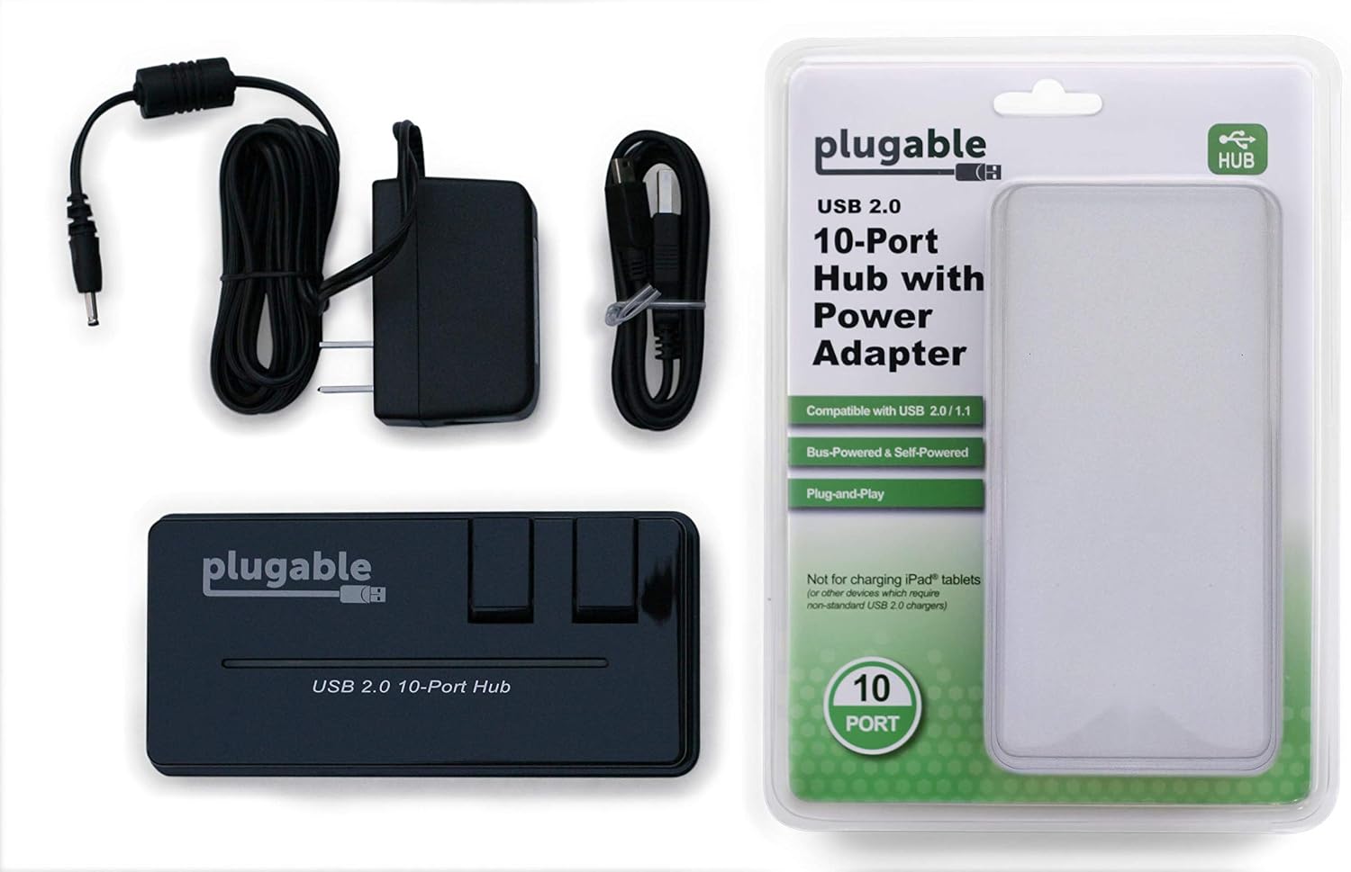 Plugable USB 2.0 10-Port High Speed Hub with Power Adapter and Two Flip-Up Ports