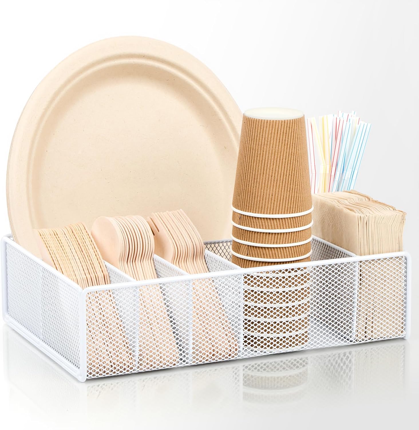 White Paper Plate Organizer with 6 Compartments for Kitchen & Parties