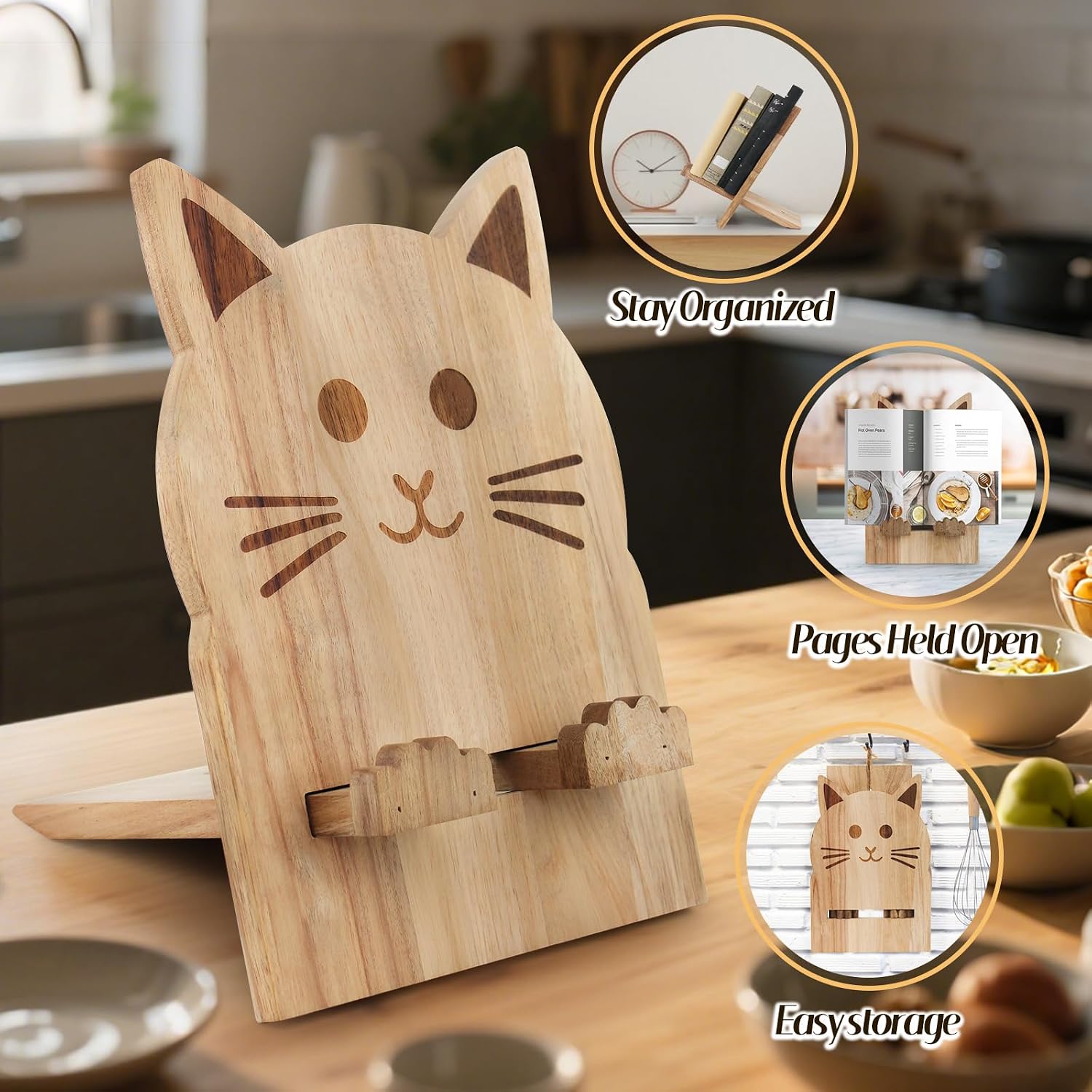 Cat Shaped Wooden Cookbook Stand​​ - Adjustable, Hands-Free Recipe Holder for Kitchen with iPad & Music Rest