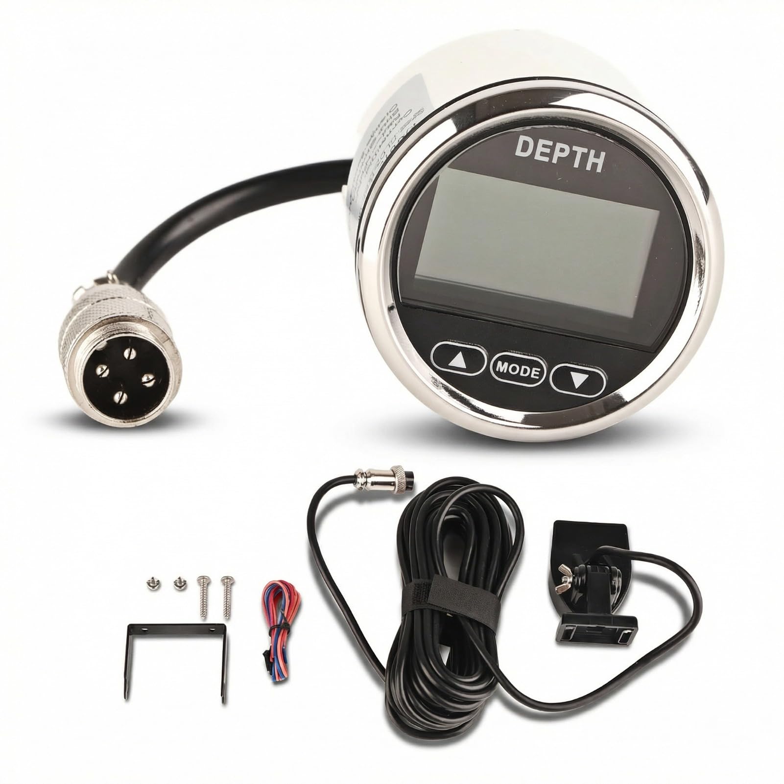 Digitales Boot Tiefenmesser Depth Gauge 52mm 2 Zoll Marine Tiefenmesser Wasserdicht Dash Depth Finder Transducer mit Weißer Hintergrundbeleuchtung für Angeln