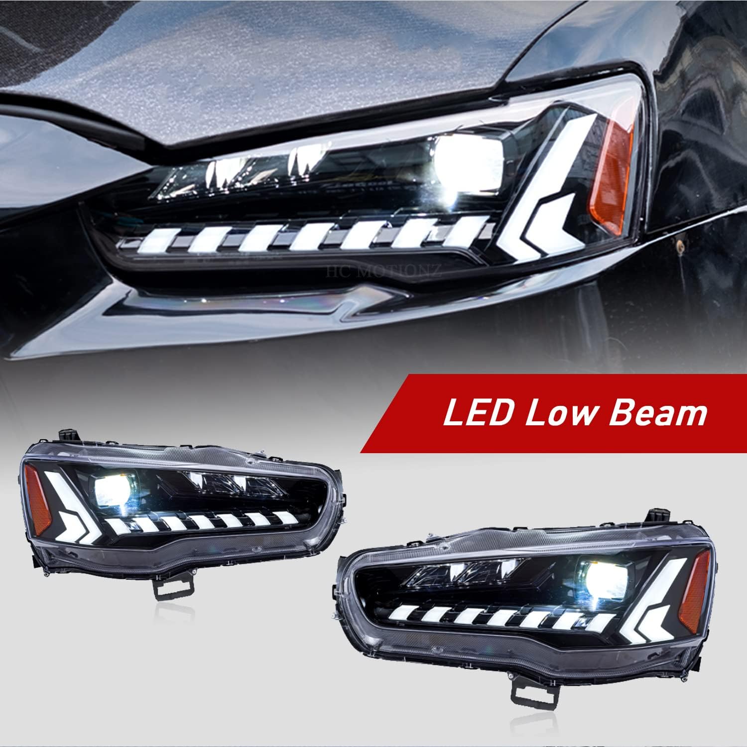 HCMOTIONZ HCmotion Headlights Assembly Fit for Mitsubishi Lancer & EVO X 2008 2009 2010 2011 2012 2013 2014 2015 2016 2017 2018 2019 2020 With DRL Start UP Animation Sequential Turn Signal (Clear)