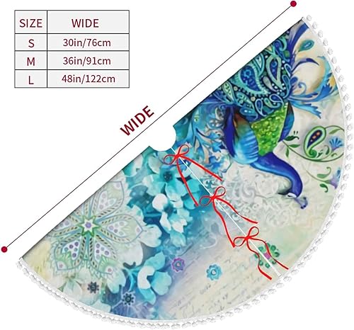 Miniatura 3 de Falda de árbol de Navidad, pavos reales y flores de 30 pulgadas, falda de árbol de Navidad de felpa, tapete de árbol de Papá Noel, fiesta, fiesta,